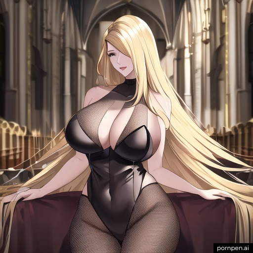 church blonde long hair nude fishnet front view woman small boobs 