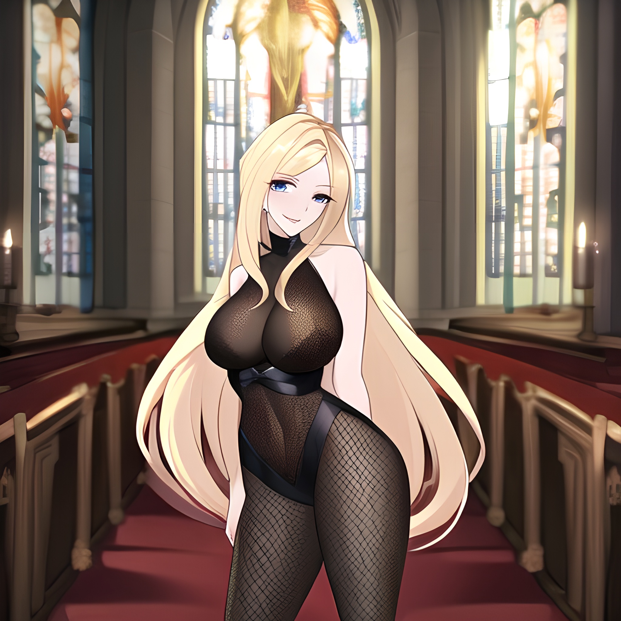 church blonde long hair woman fishnet 