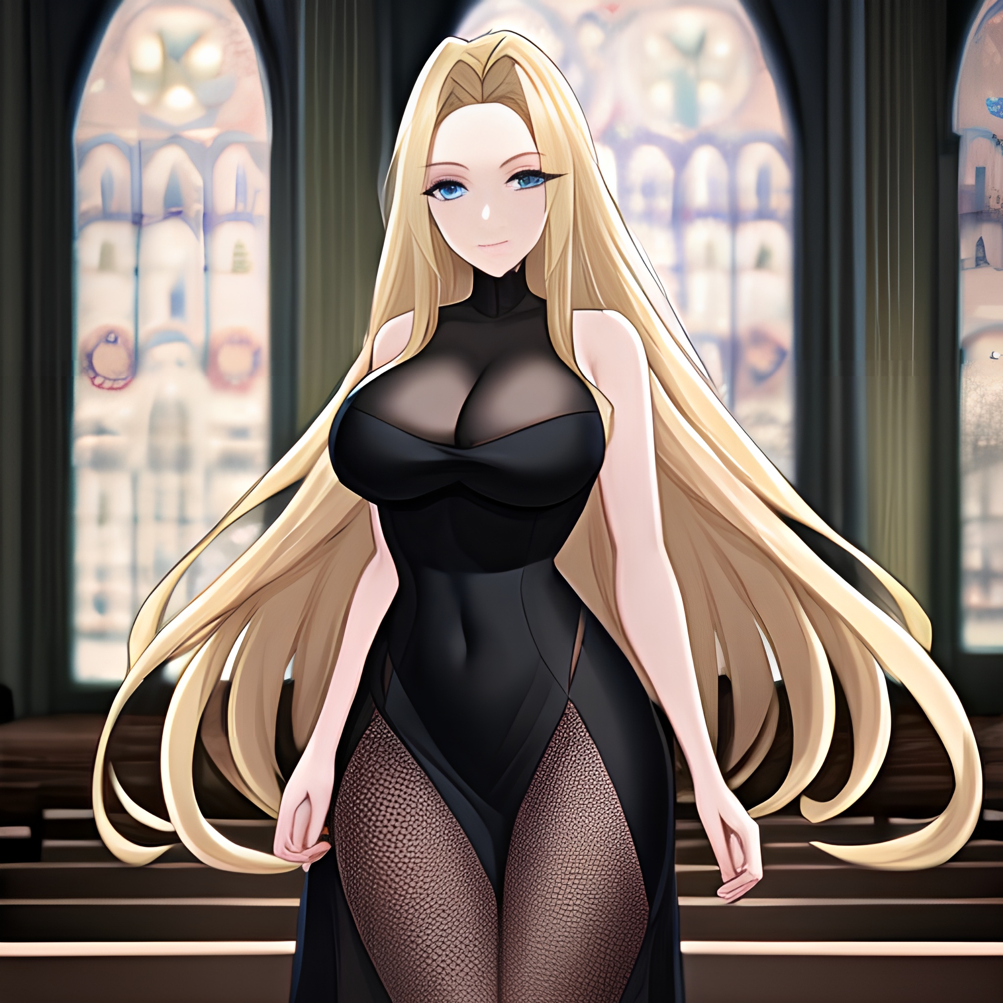 church blonde long hair woman fishnet