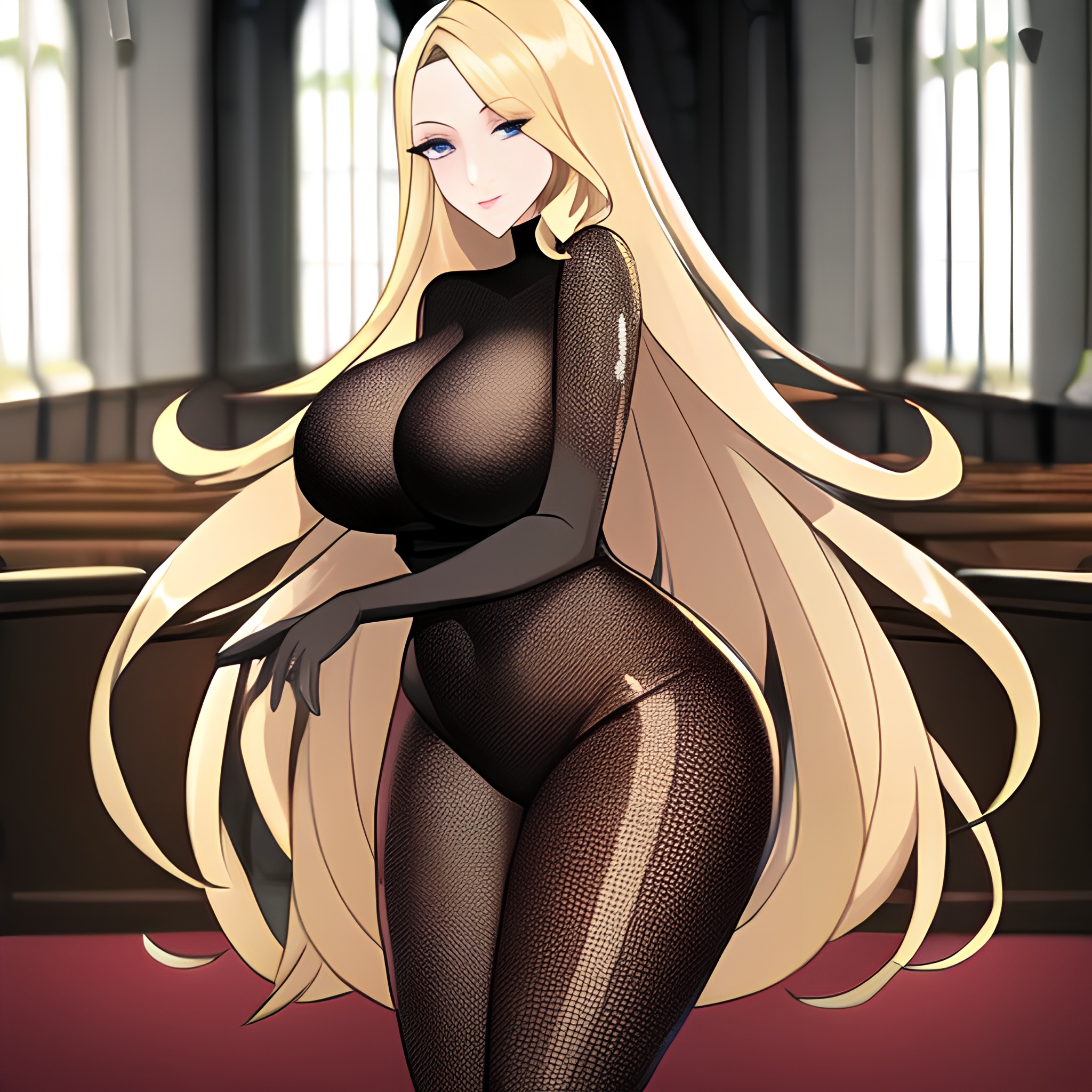 church blonde long hair woman fishnet