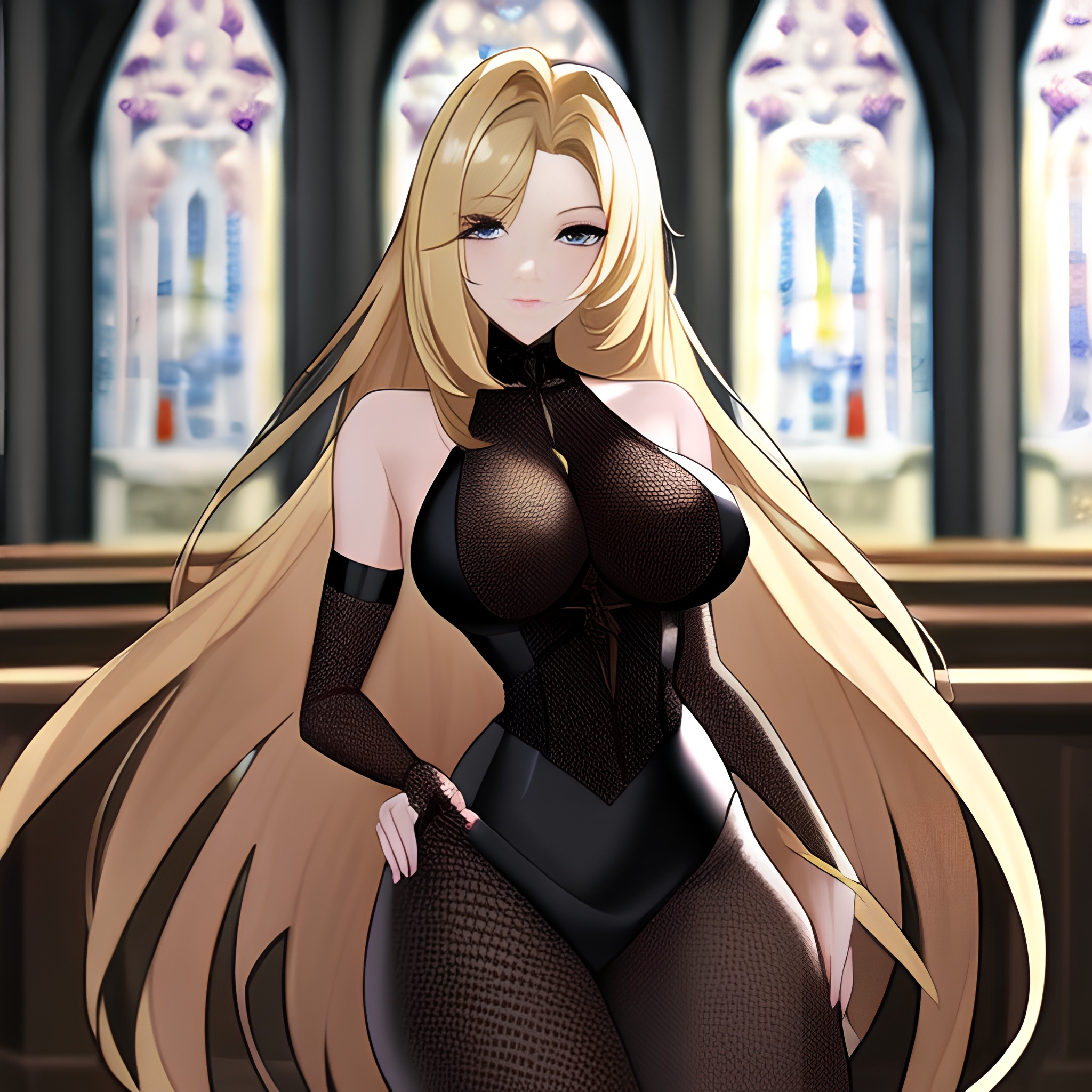 church blonde long hair woman fishnet 