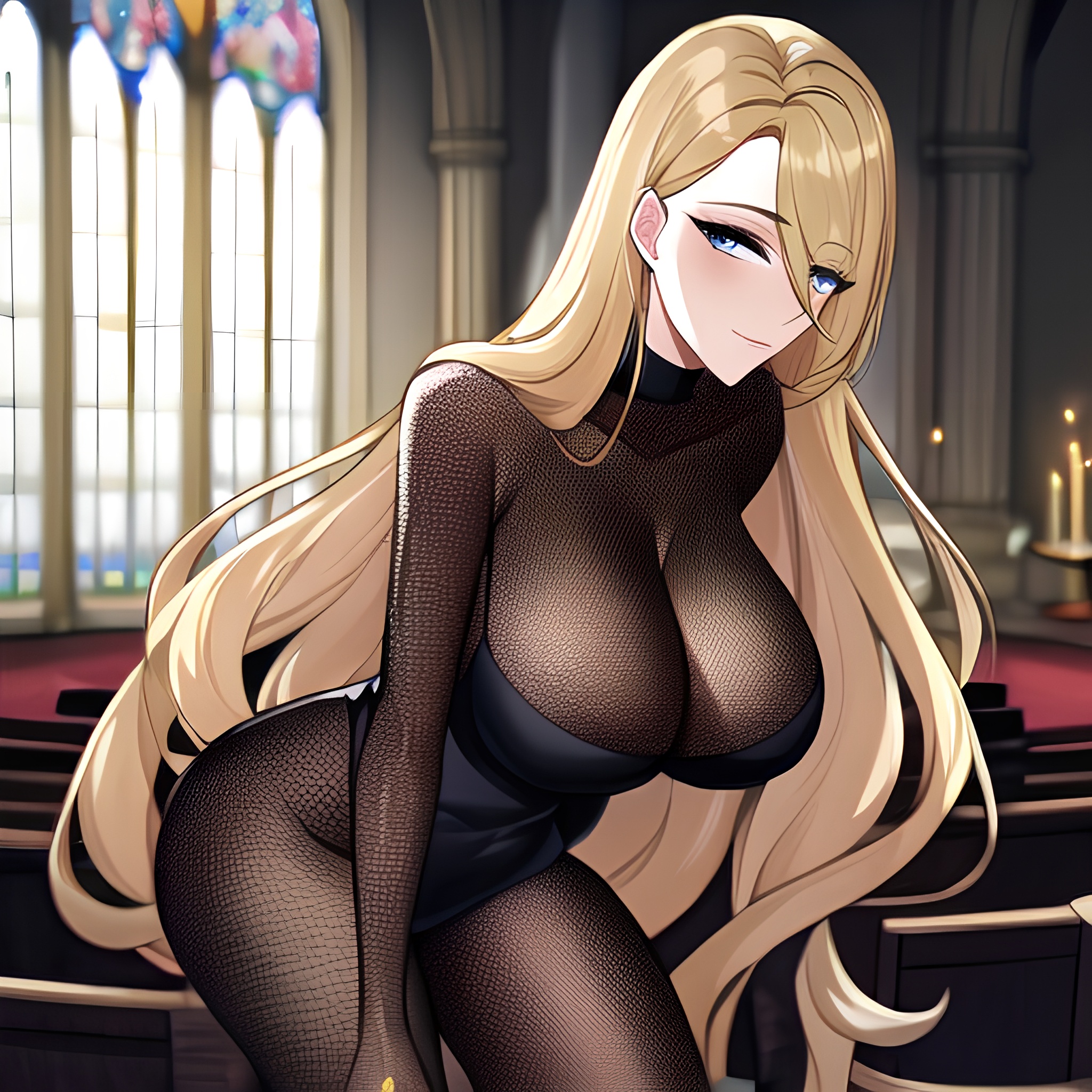 church blonde long hair woman fishnet 