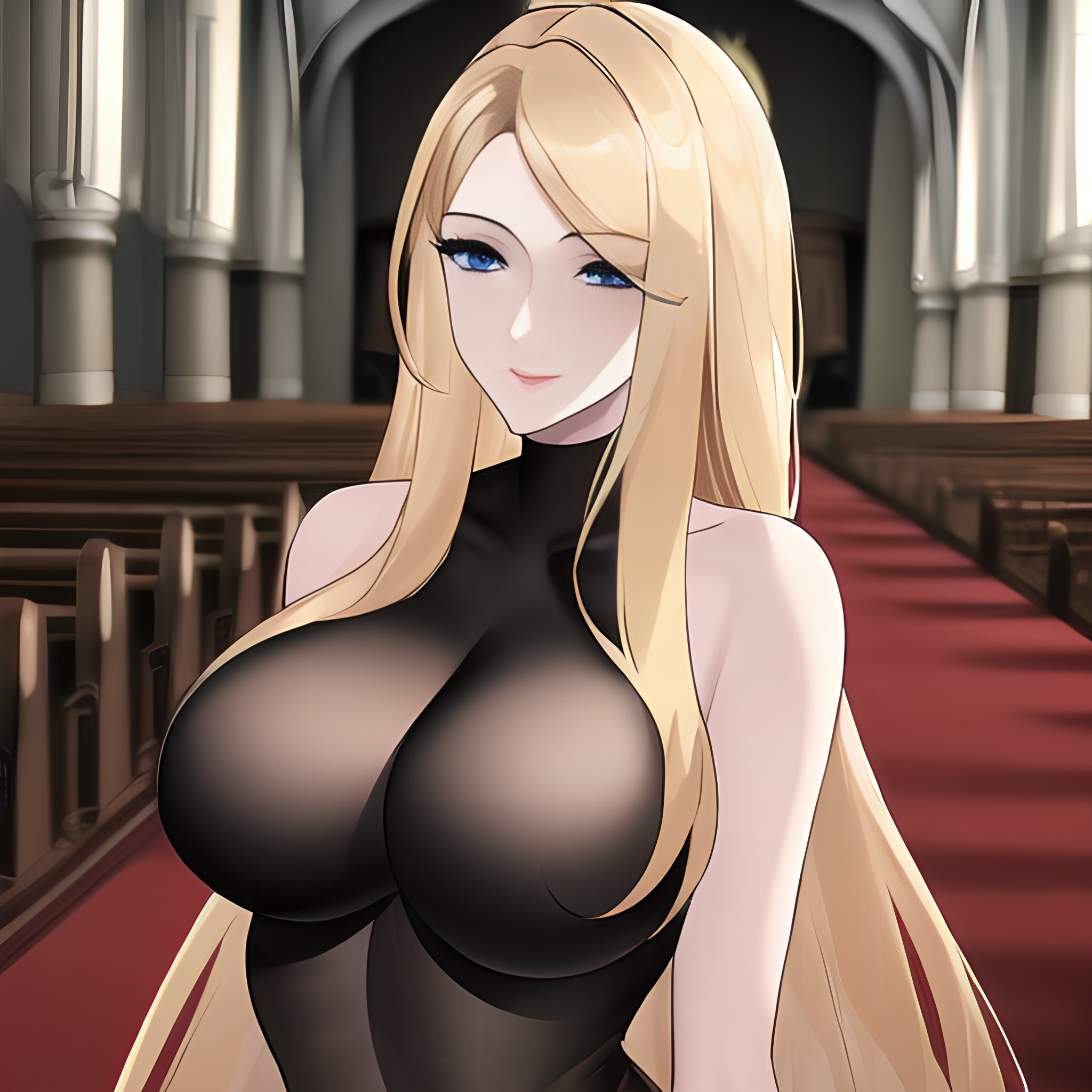 church blonde nude fishnet front view long hair small boobs woman 