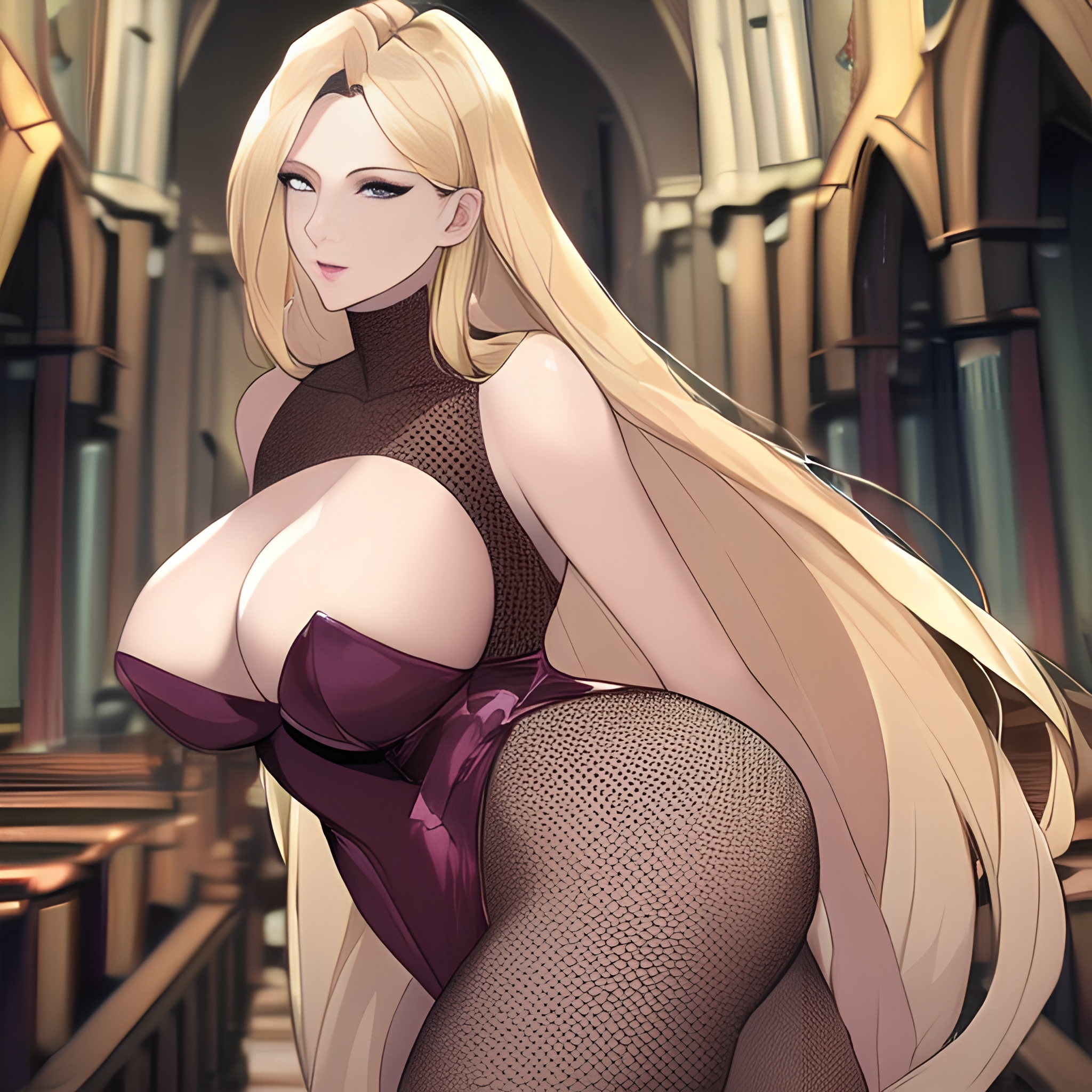 church blonde nude long hair woman fishnet small boobs front view 