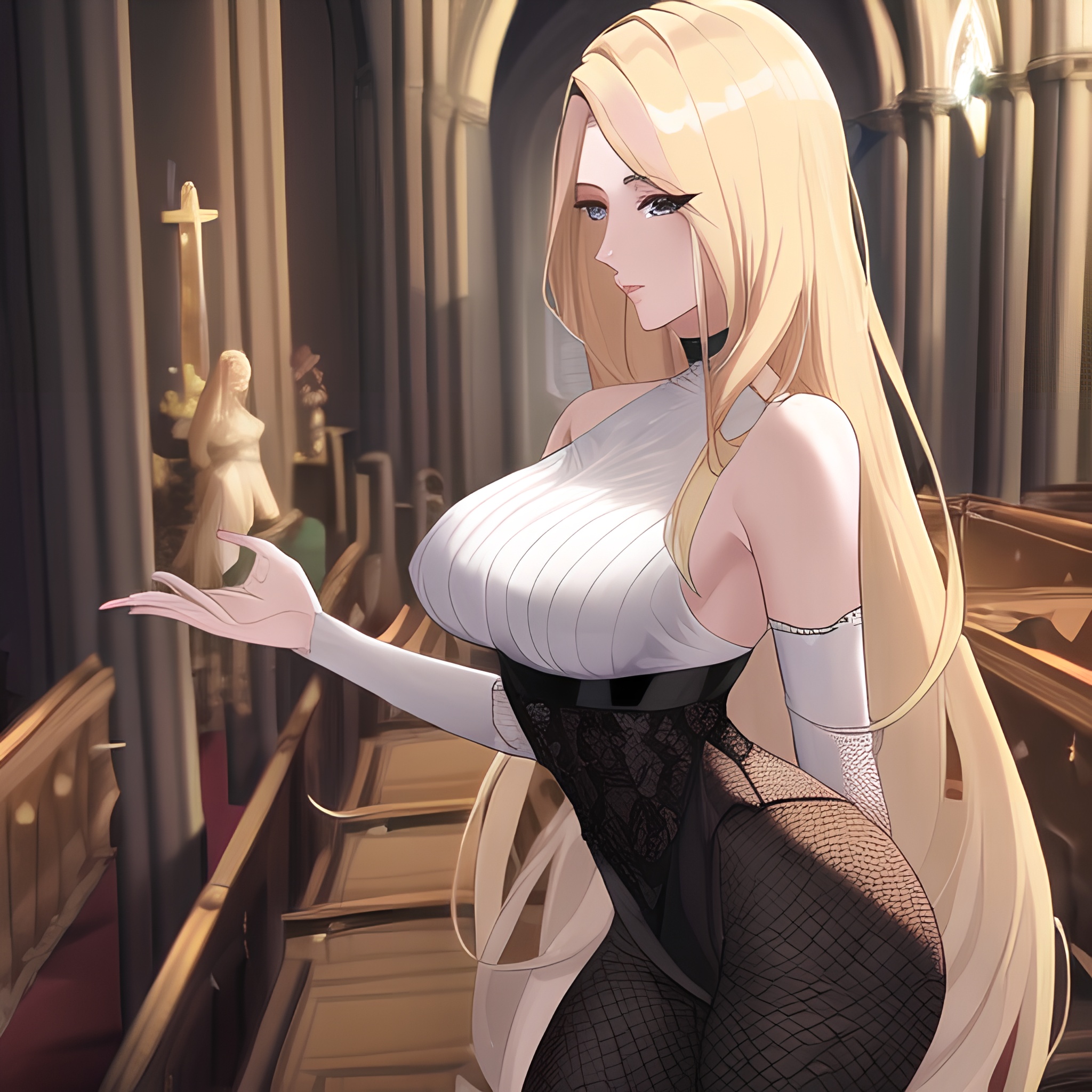 church blonde nude small boobs fishnet front view long hair woman