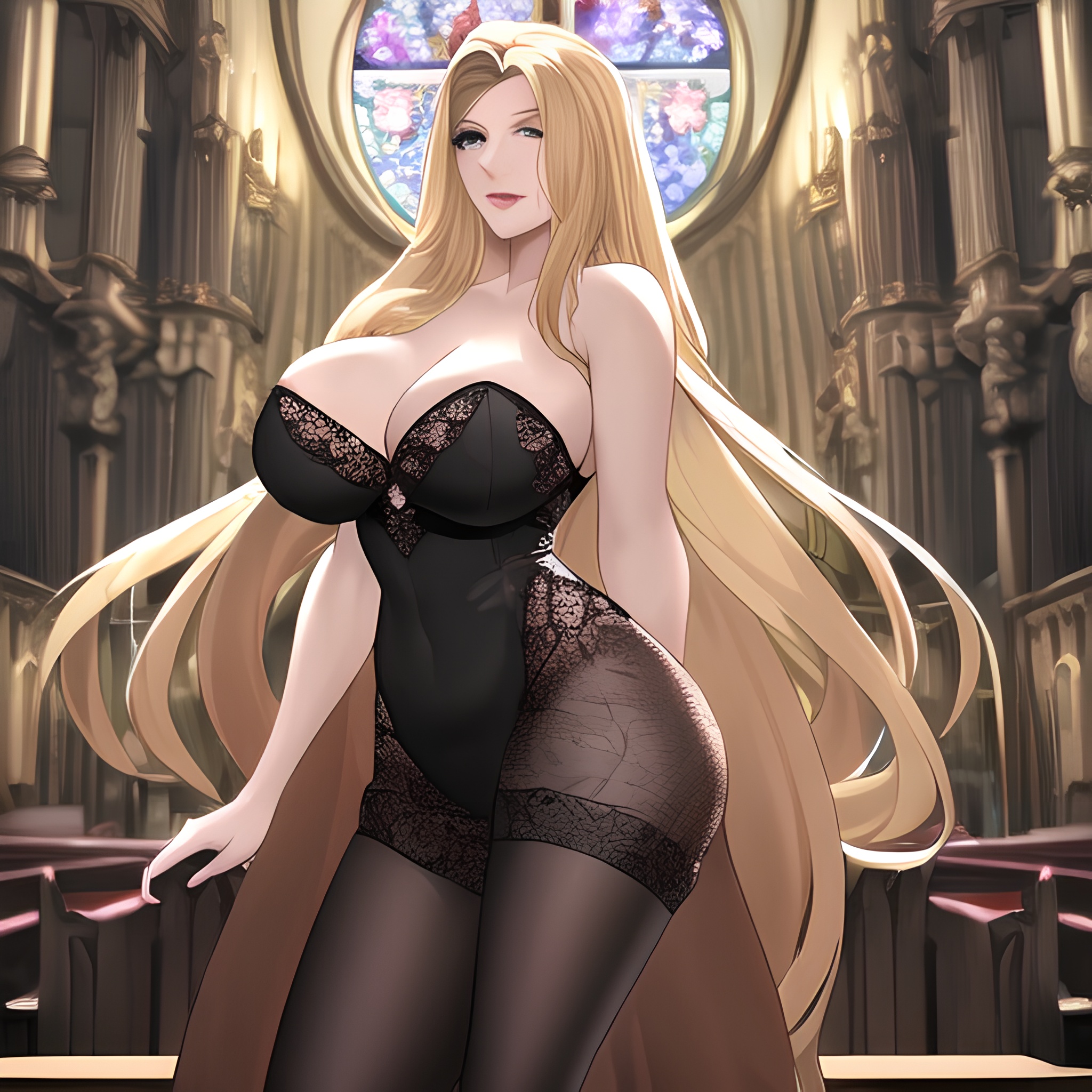 church blonde nude woman long hair fishnet front view small boobs 