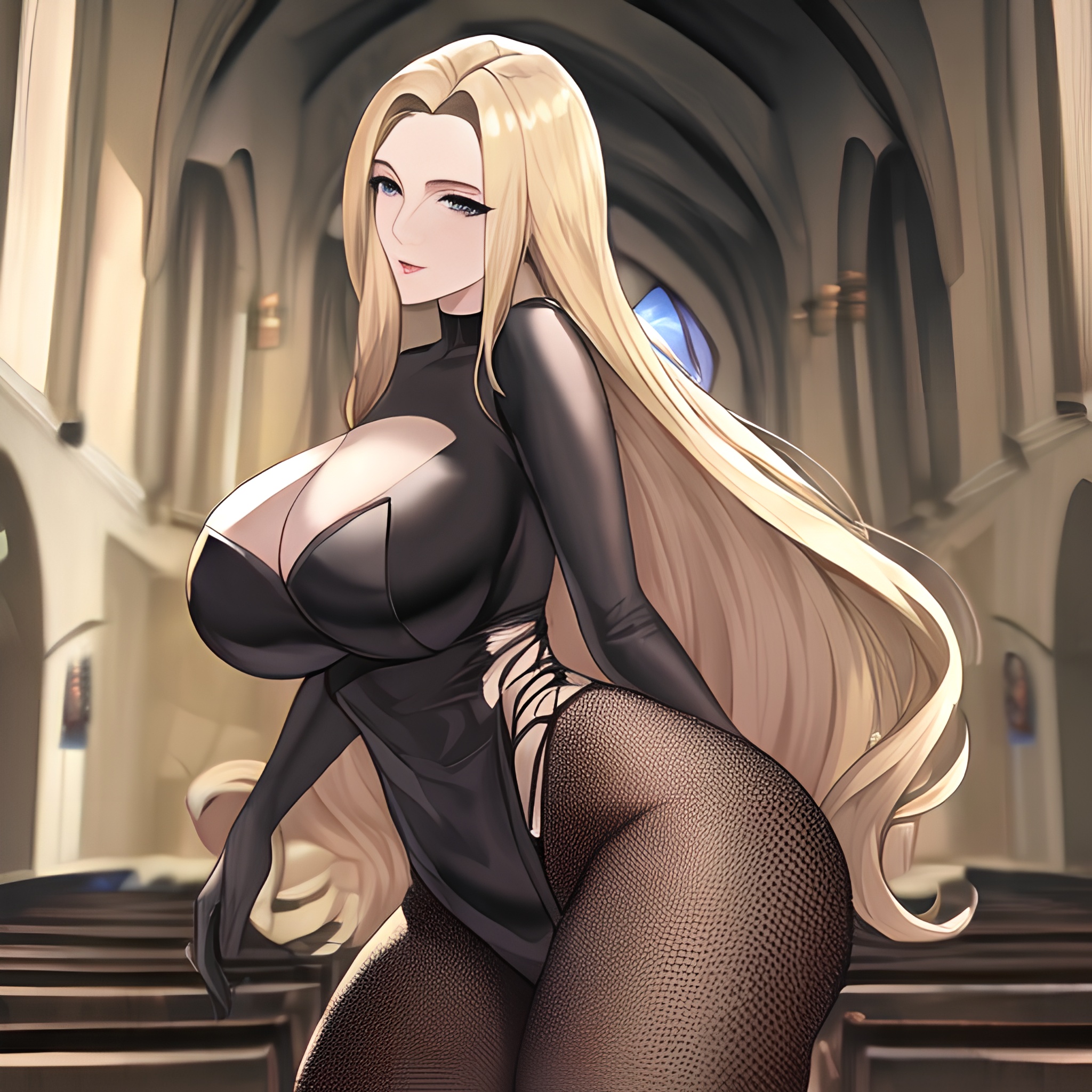 church blonde small boobs nude front view woman fishnet long hair 