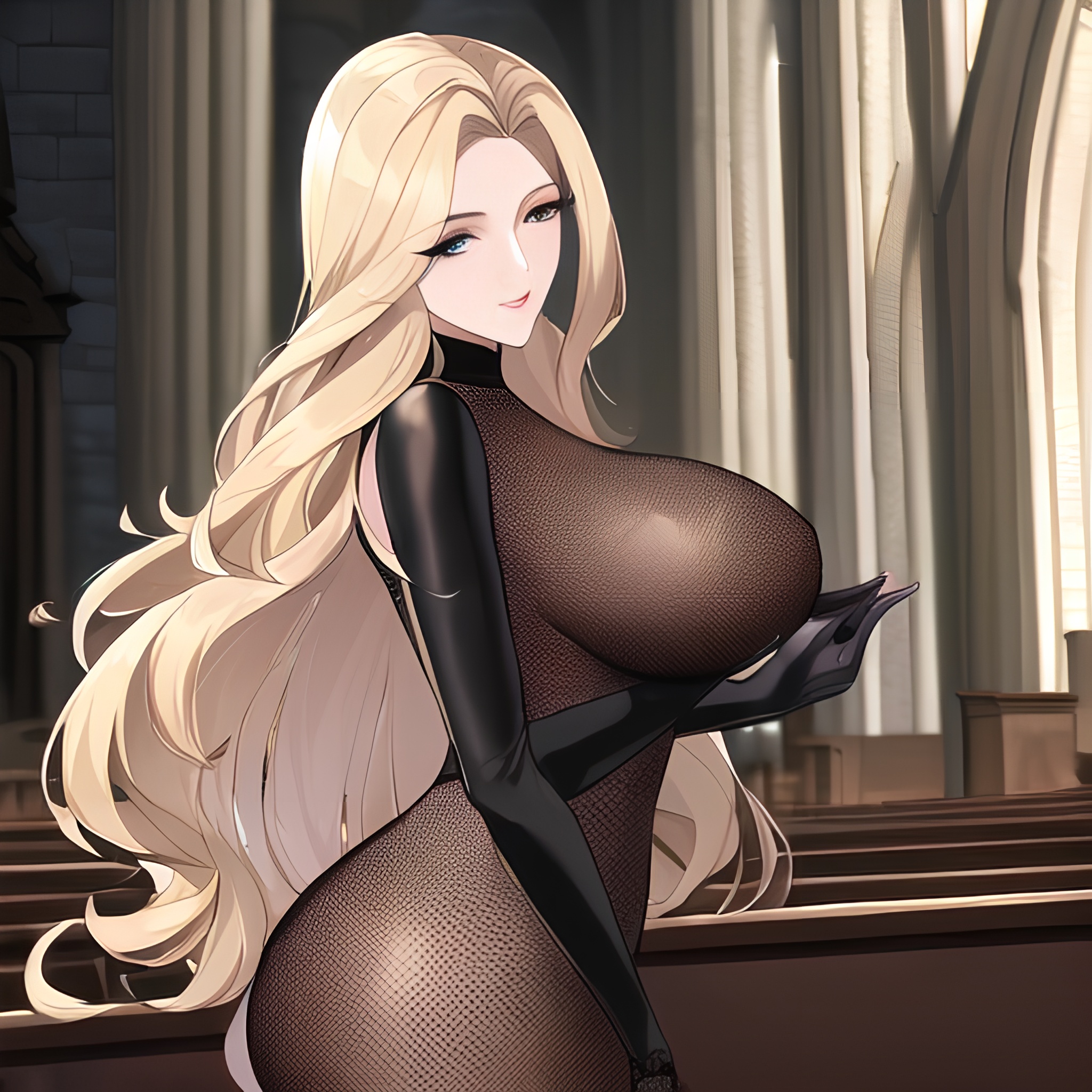 church blonde small boobs woman long hair front view fishnet nude 