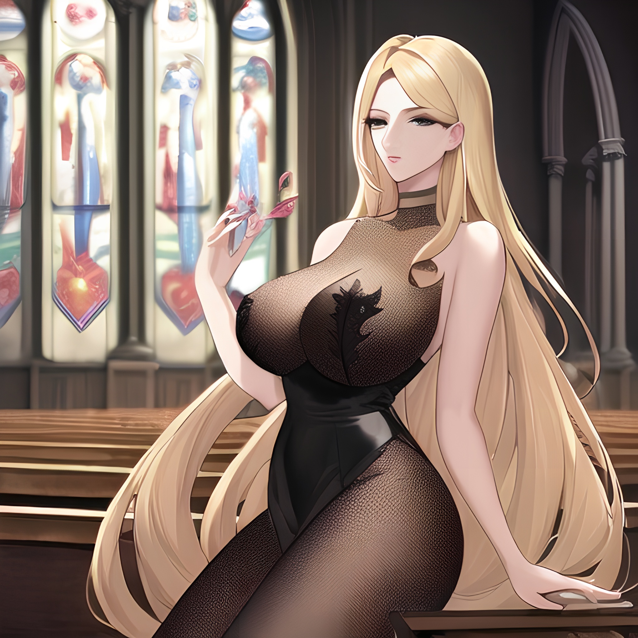 church blonde small boobs woman long hair nude front view fishnet 