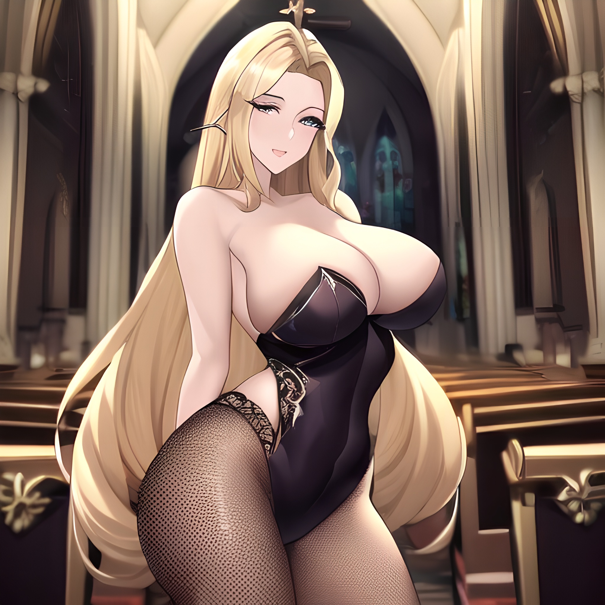 church blonde woman fishnet long hair front view small boobs nude 
