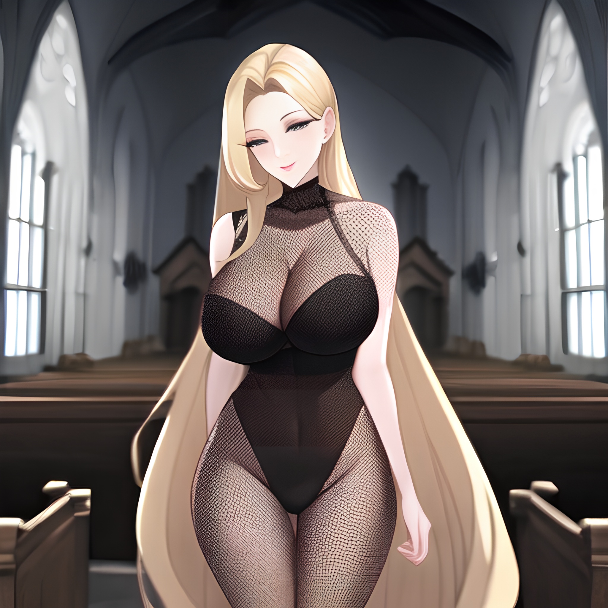 church blonde woman long hair fishnet 