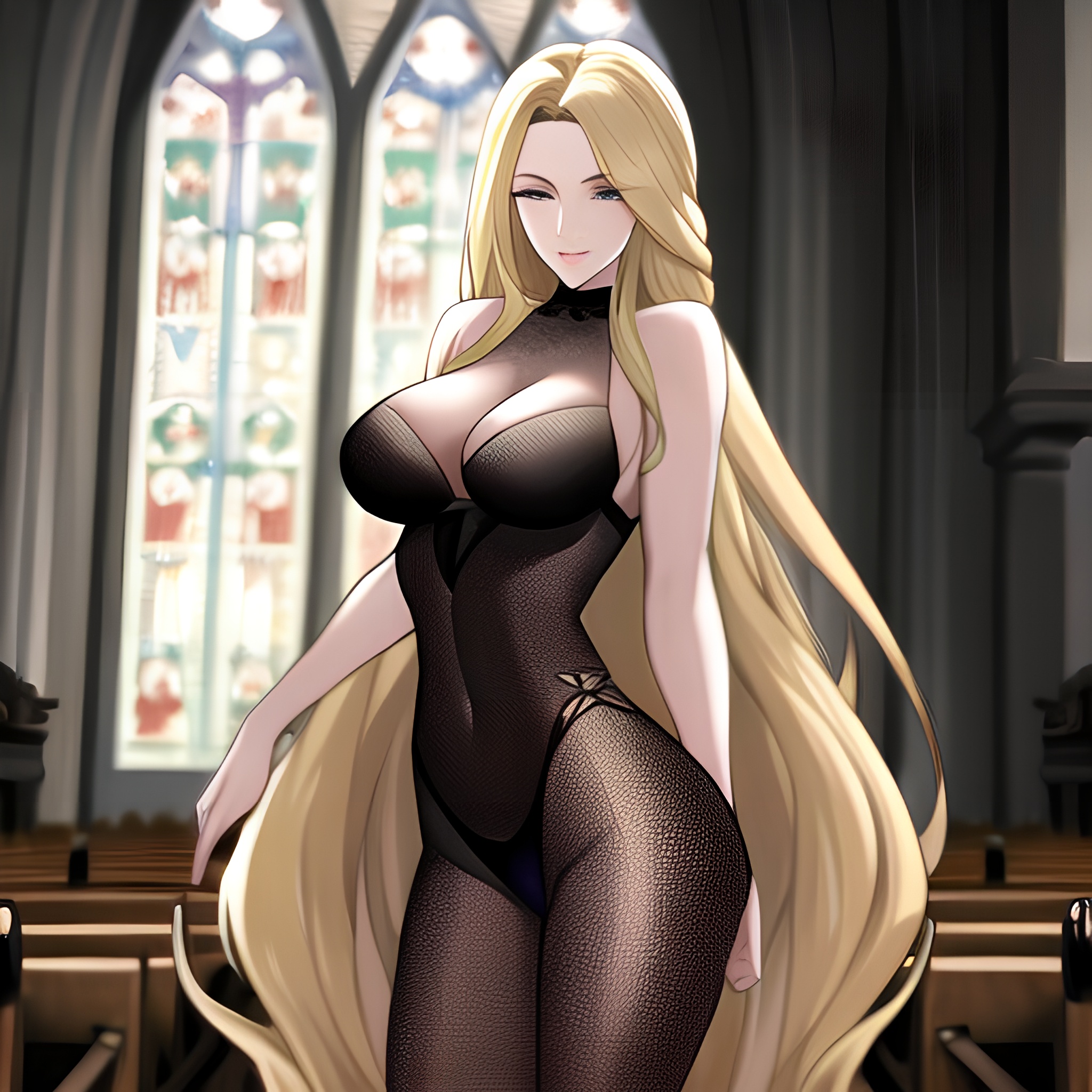 church blonde woman long hair fishnet