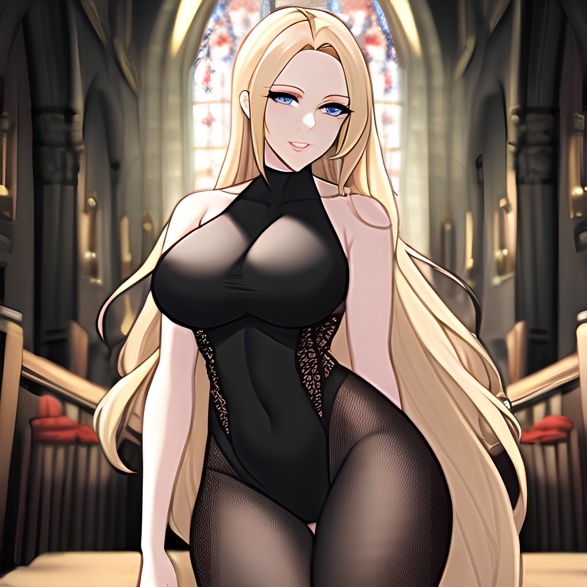 church blonde woman long hair fishnet 