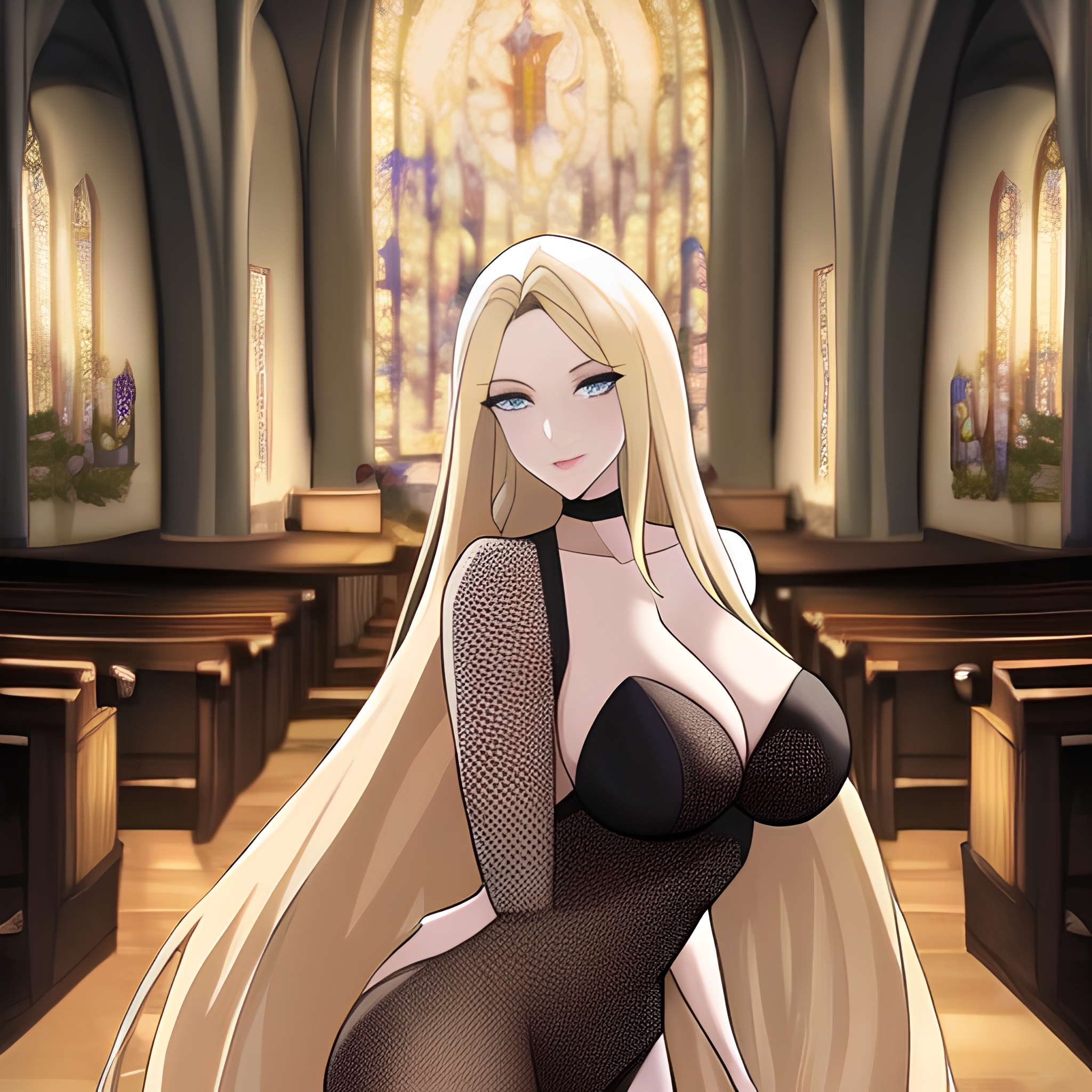 church blonde woman long hair fishnet