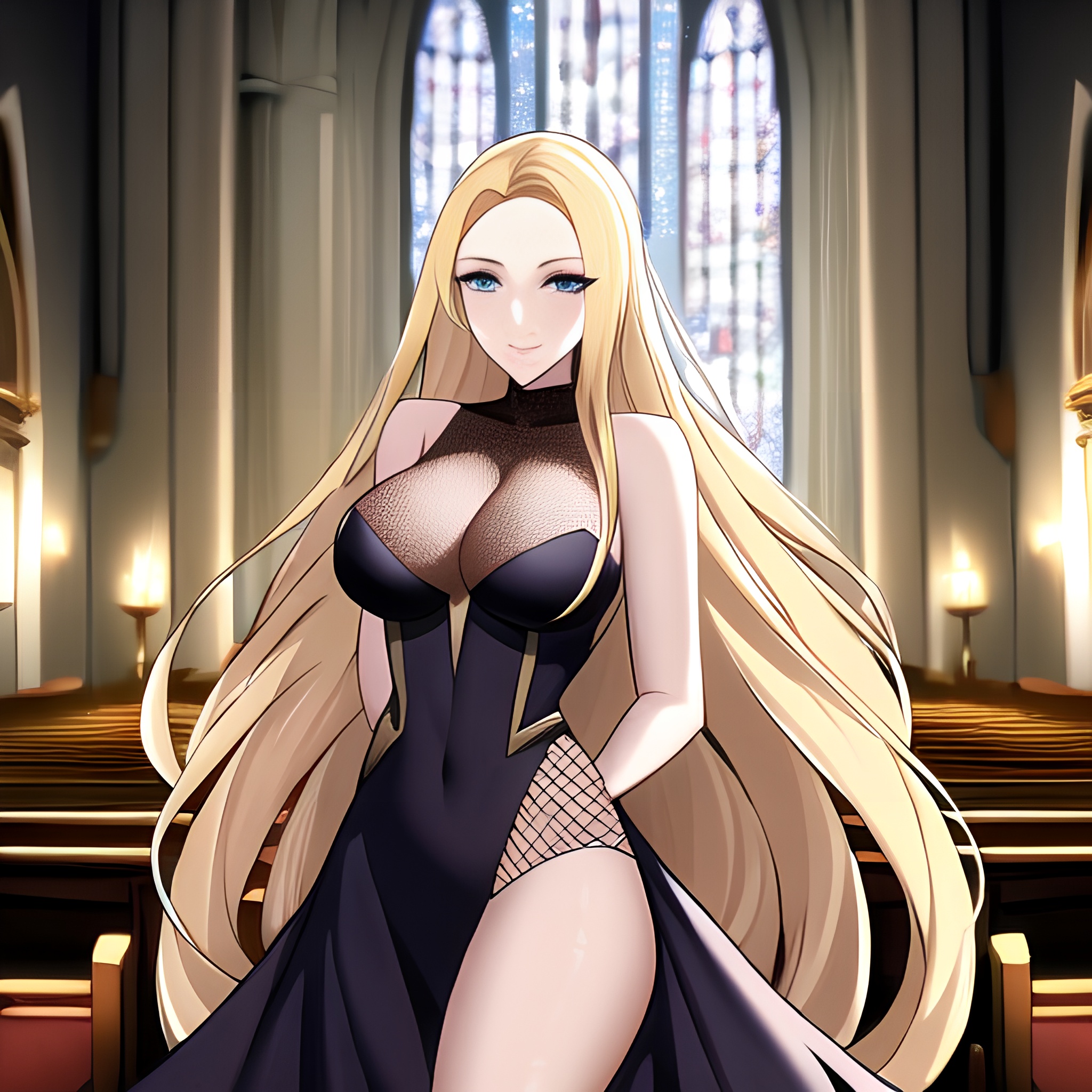 church blonde woman long hair fishnet 