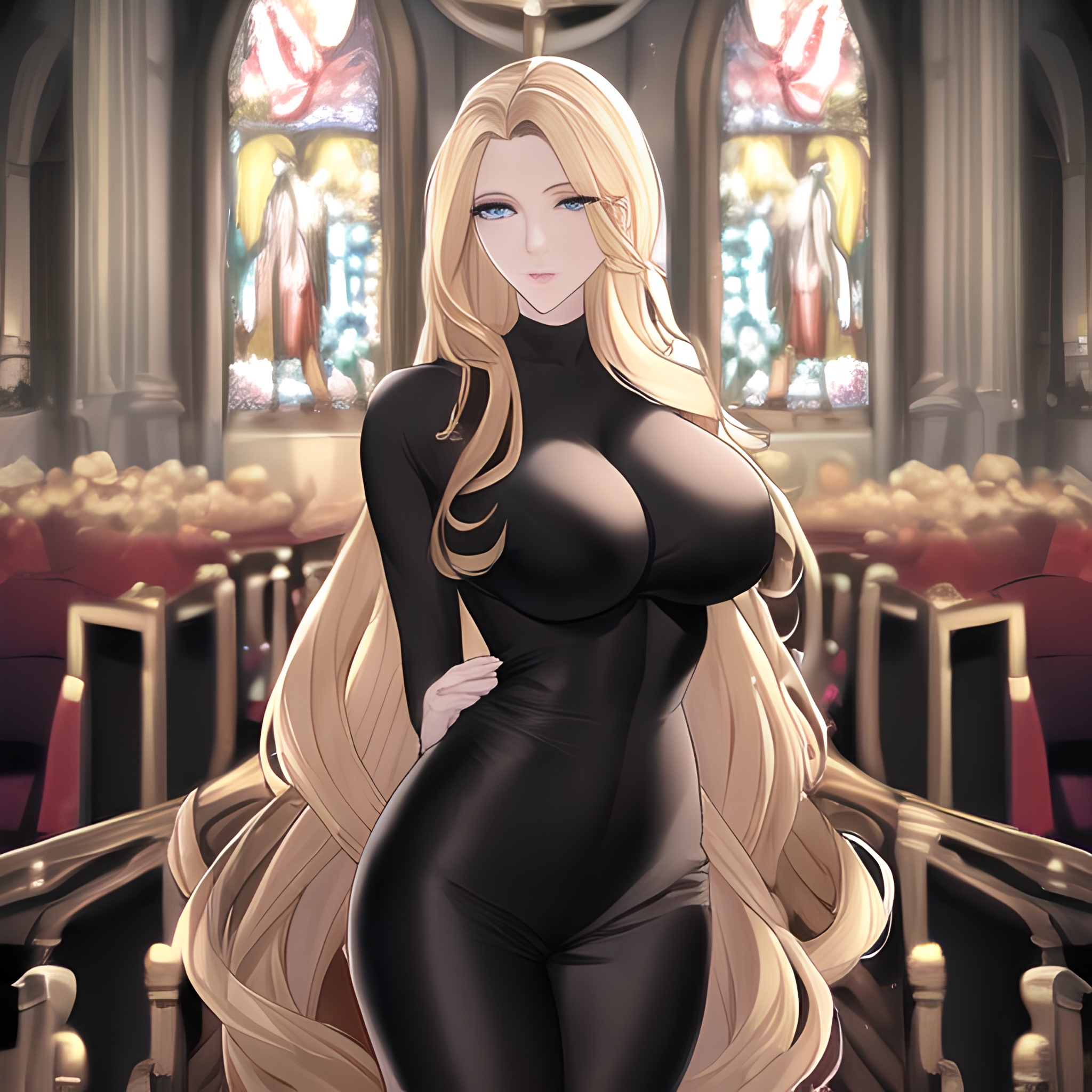 church blonde woman long hair small boobs front view nude fishnet 