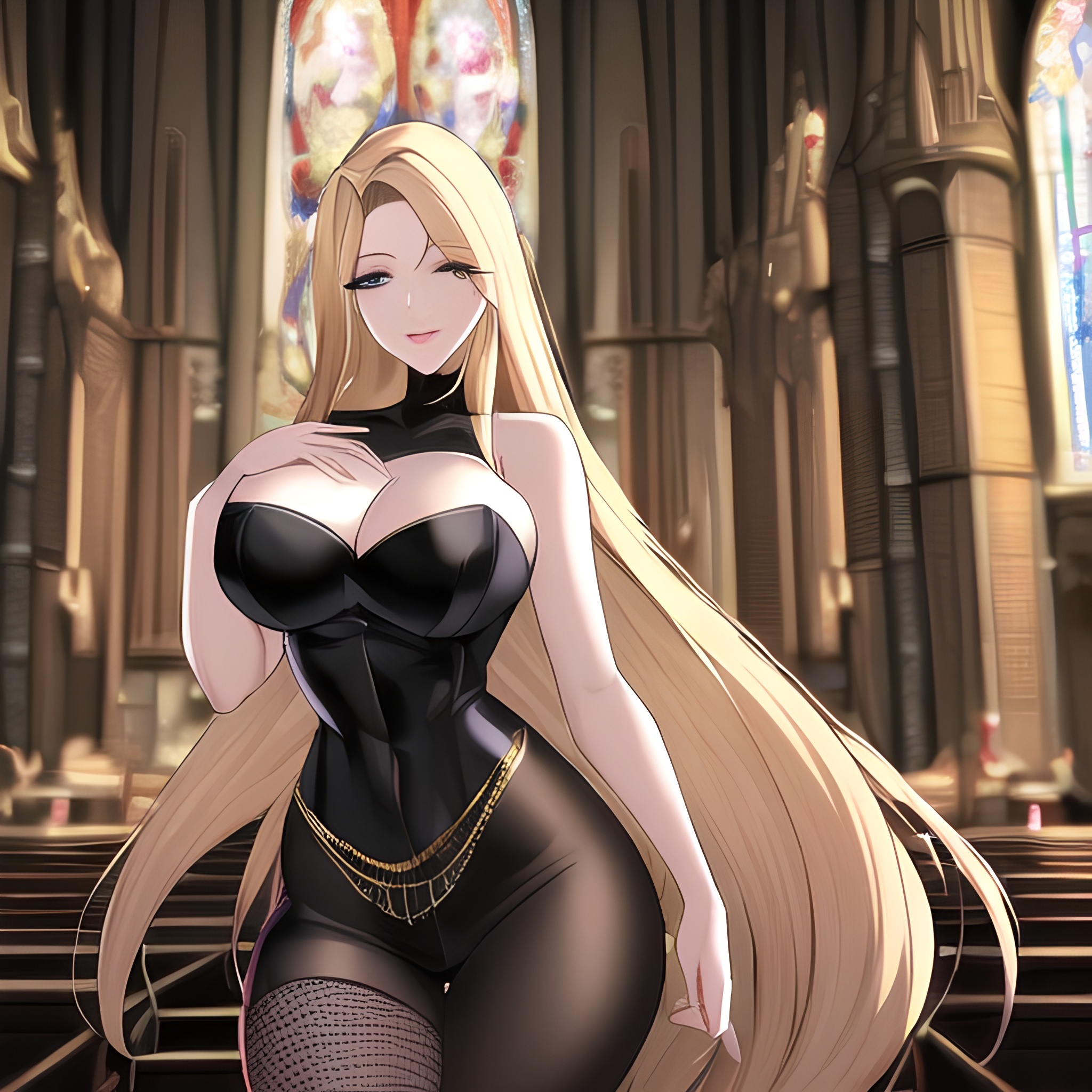 church blonde woman nude front view small boobs fishnet long hair 