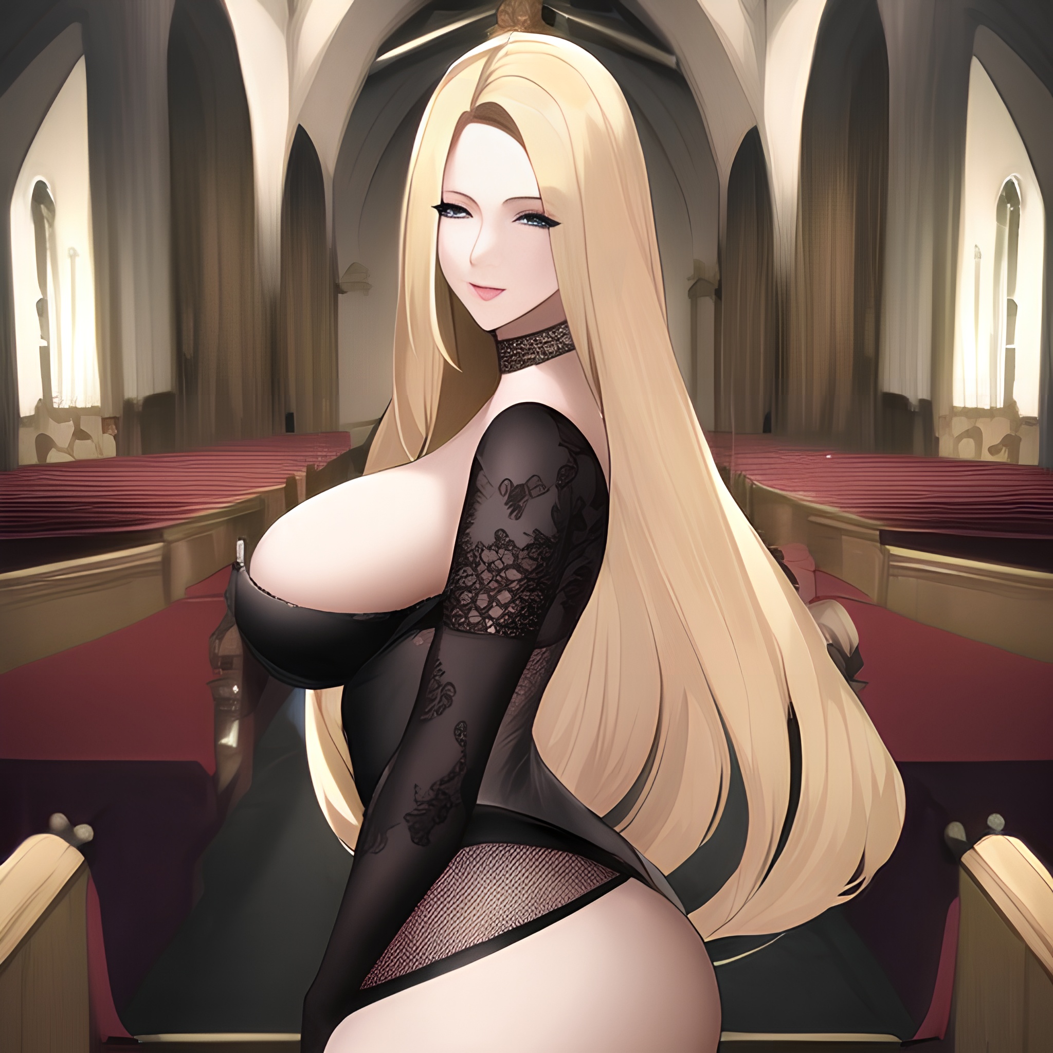 church blonde woman nude long hair fishnet small boobs front view 