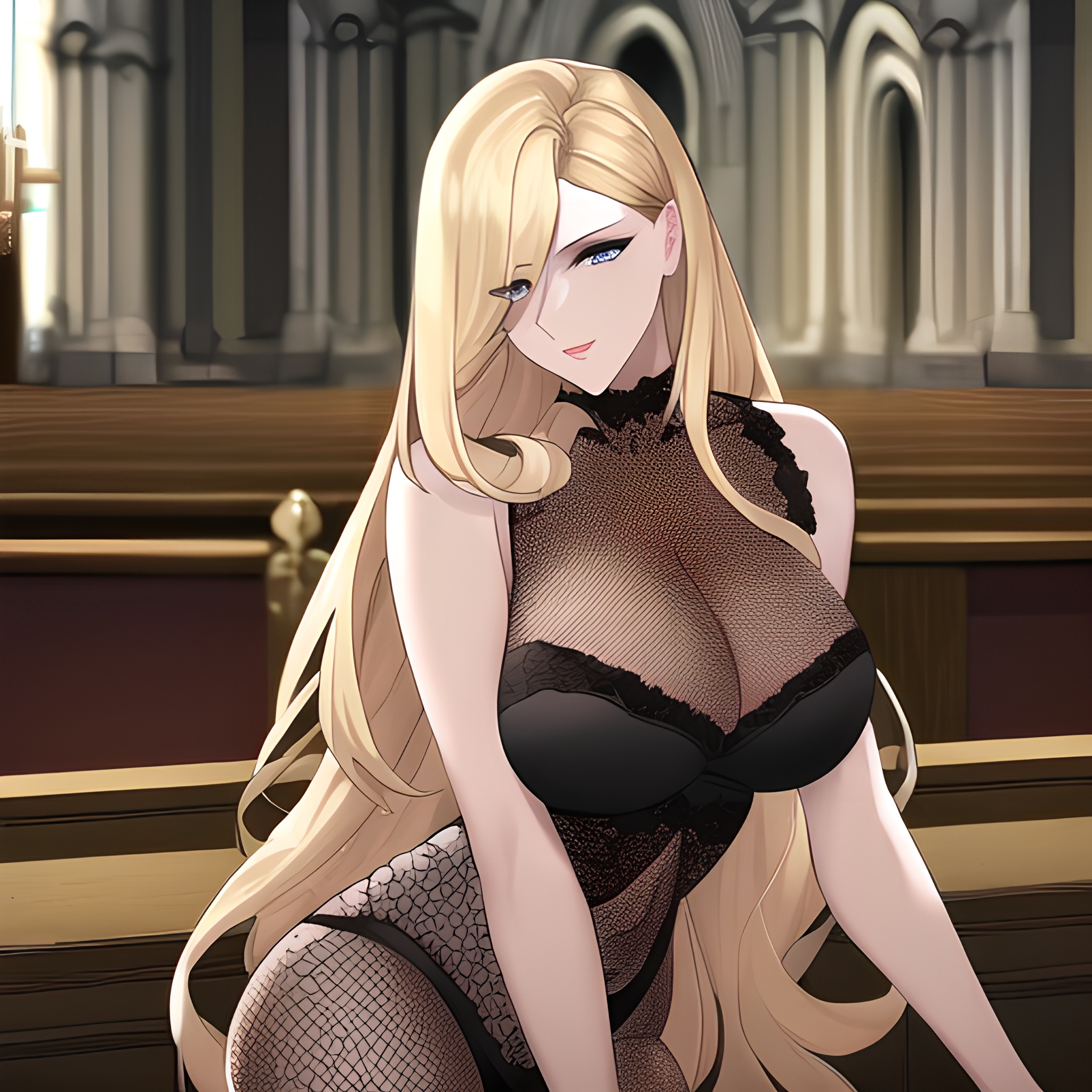 church blonde woman small boobs front view long hair nude fishnet 