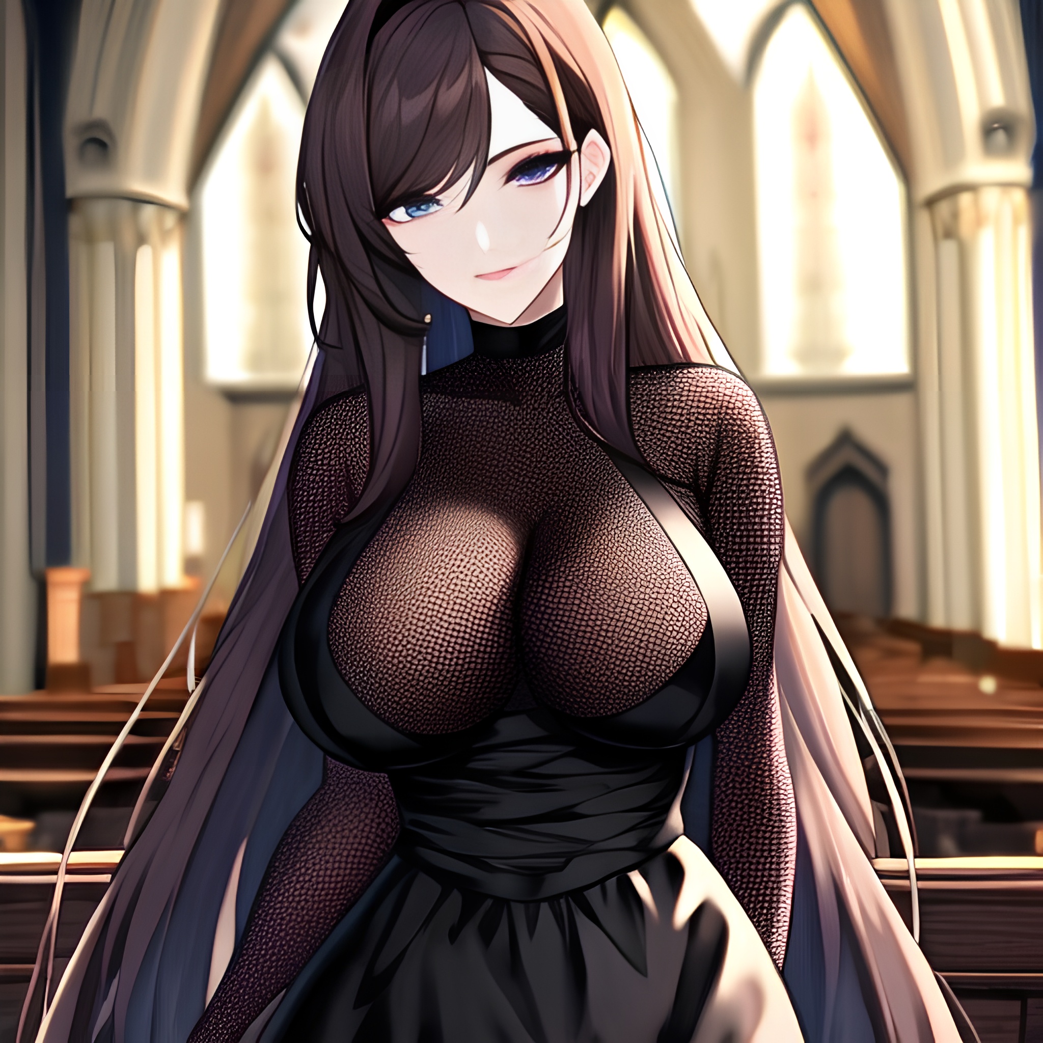 church brunette fishnet long hair messy hair woman 