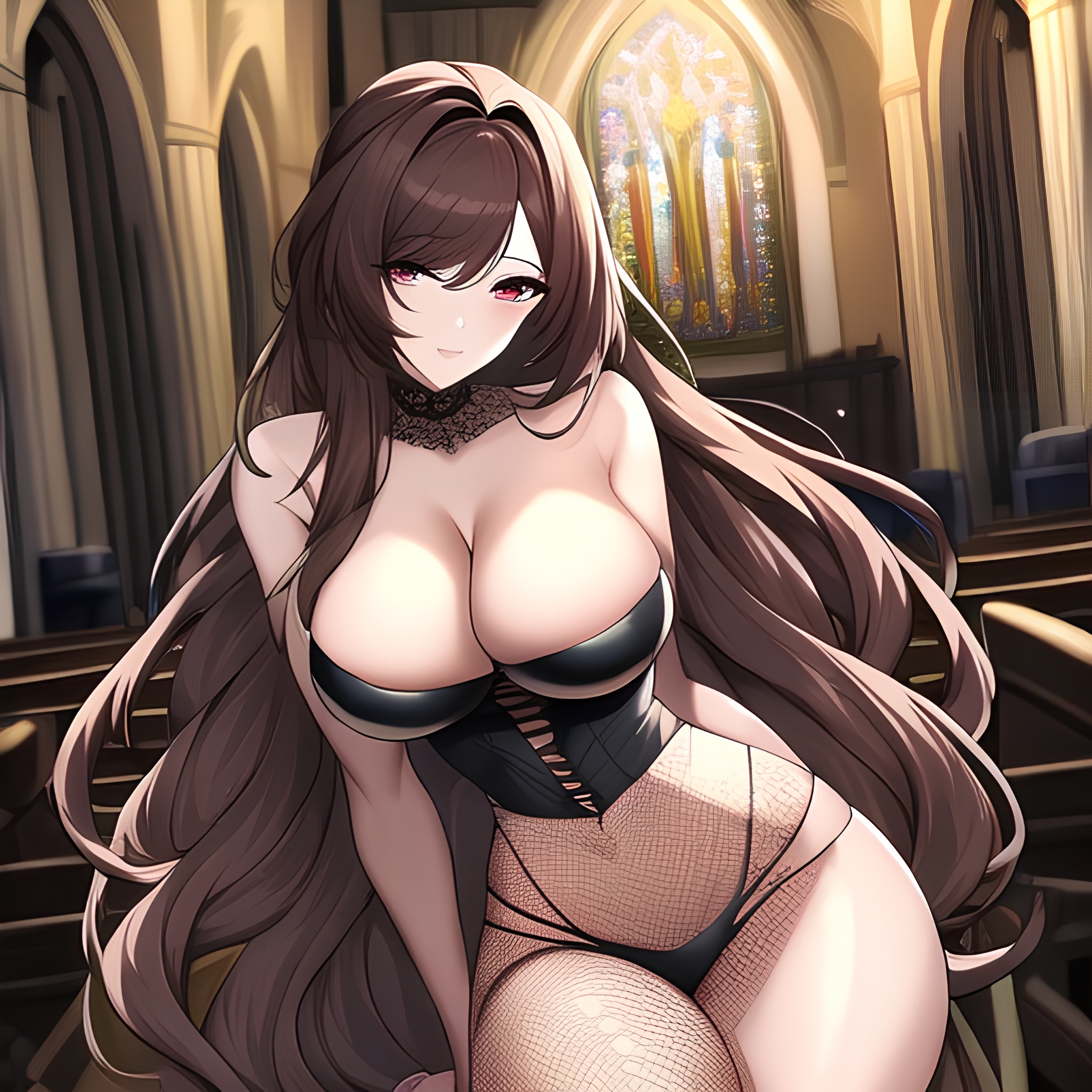 church brunette fishnet long hair messy hair woman 