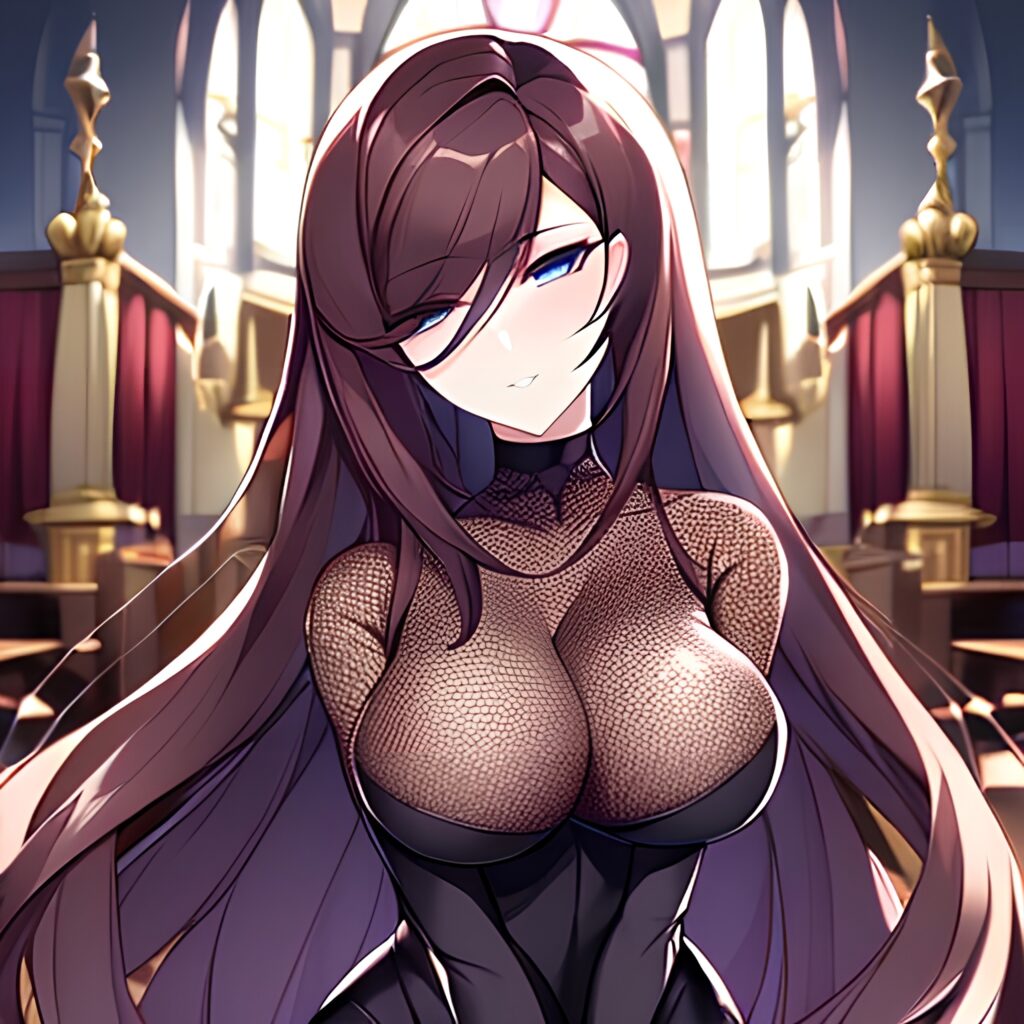 church brunette fishnet long hair woman messy hair 