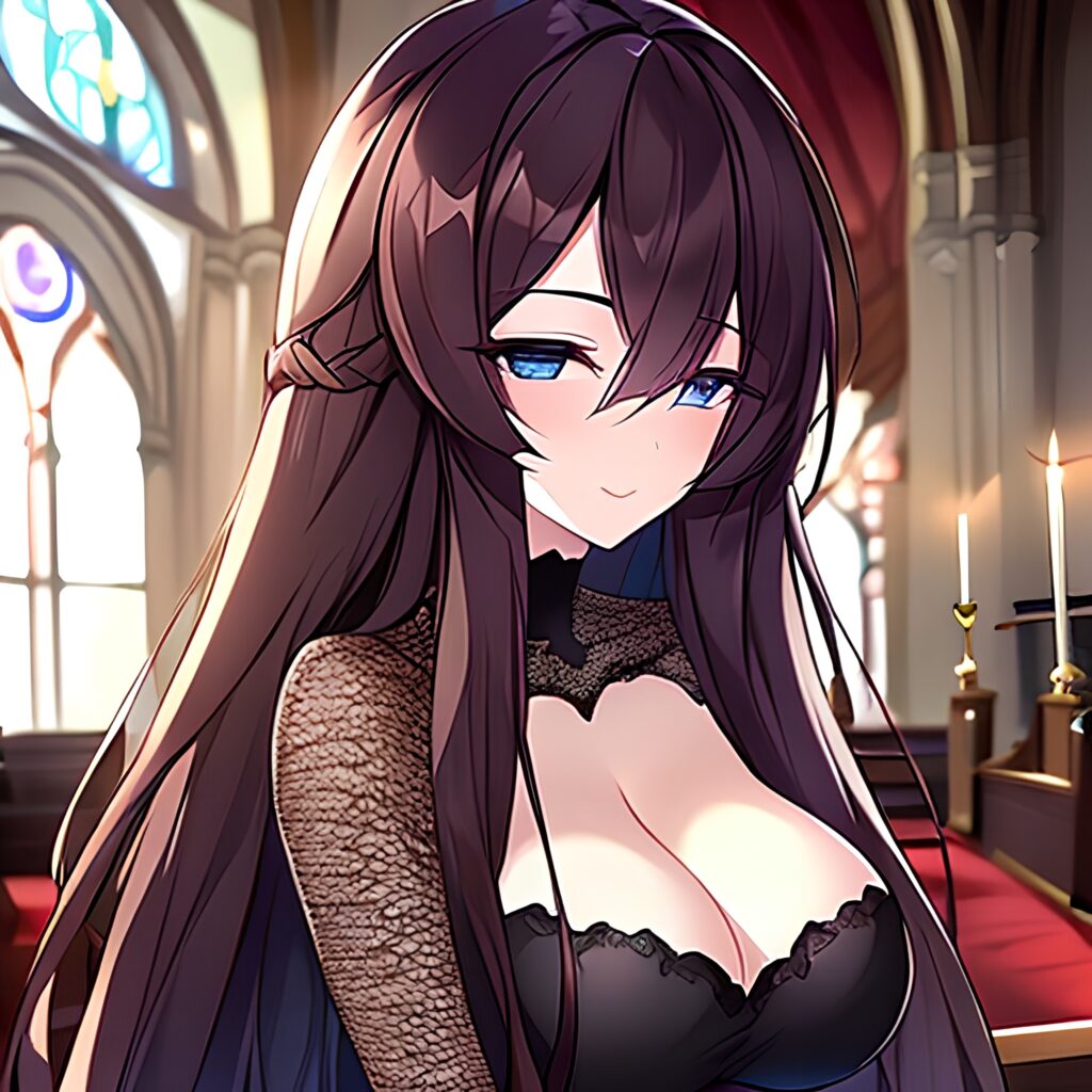 church brunette fishnet messy hair long hair woman 