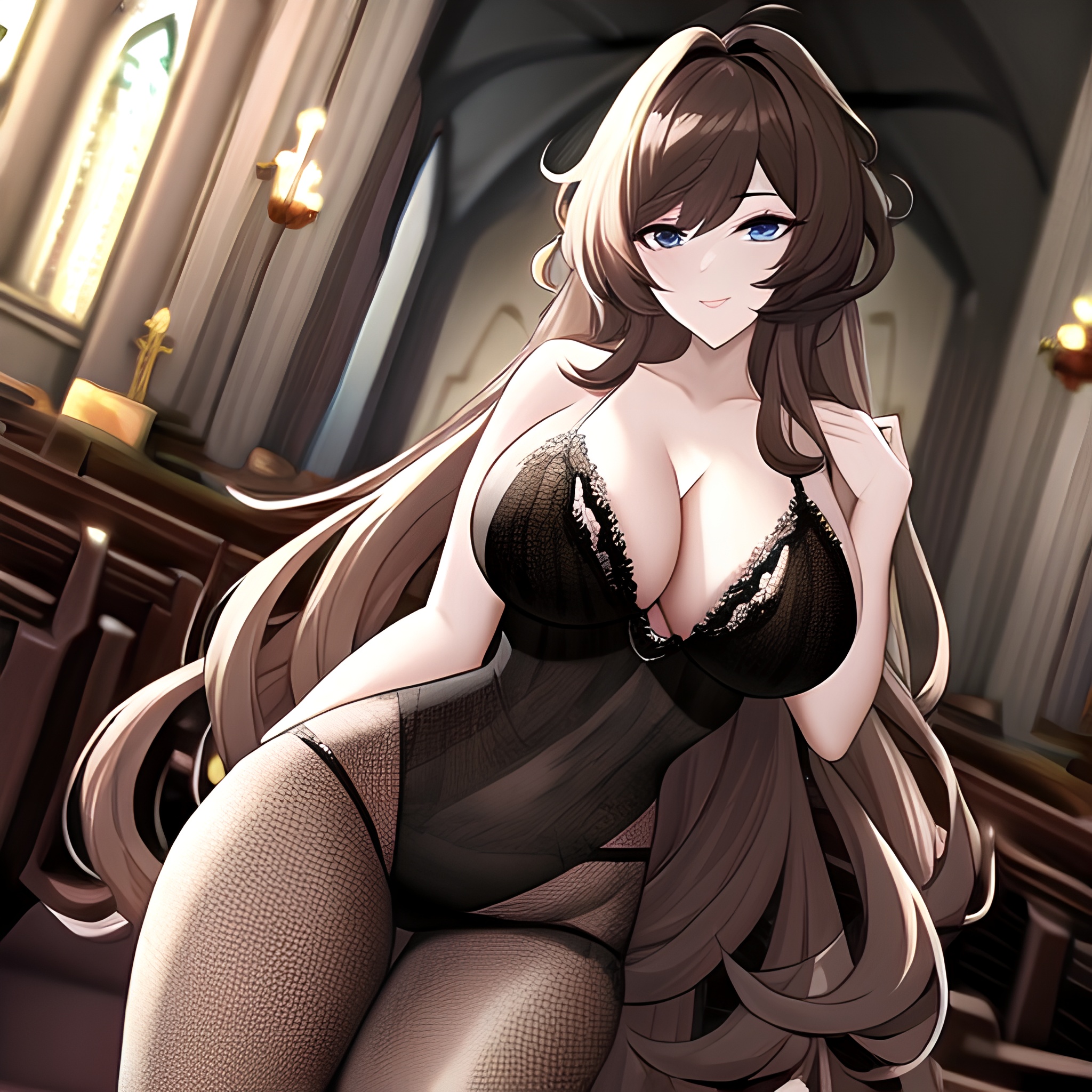 church brunette fishnet messy hair woman long hair 