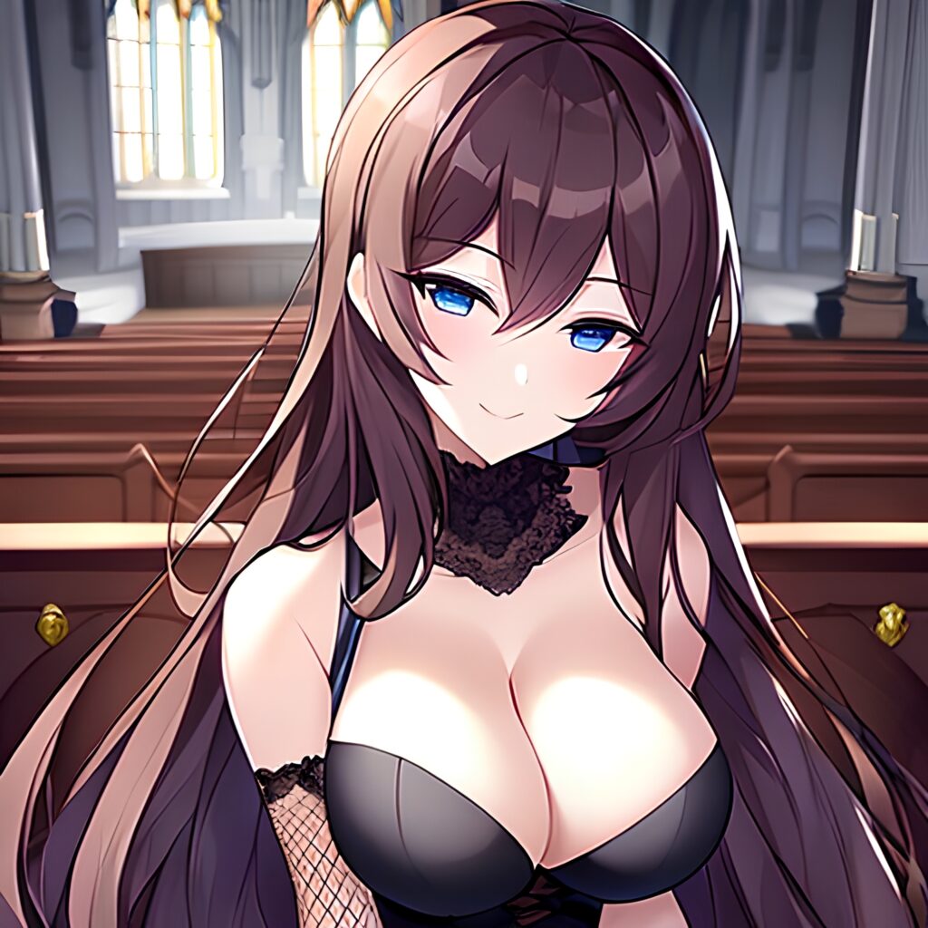 church brunette fishnet woman long hair messy hair 