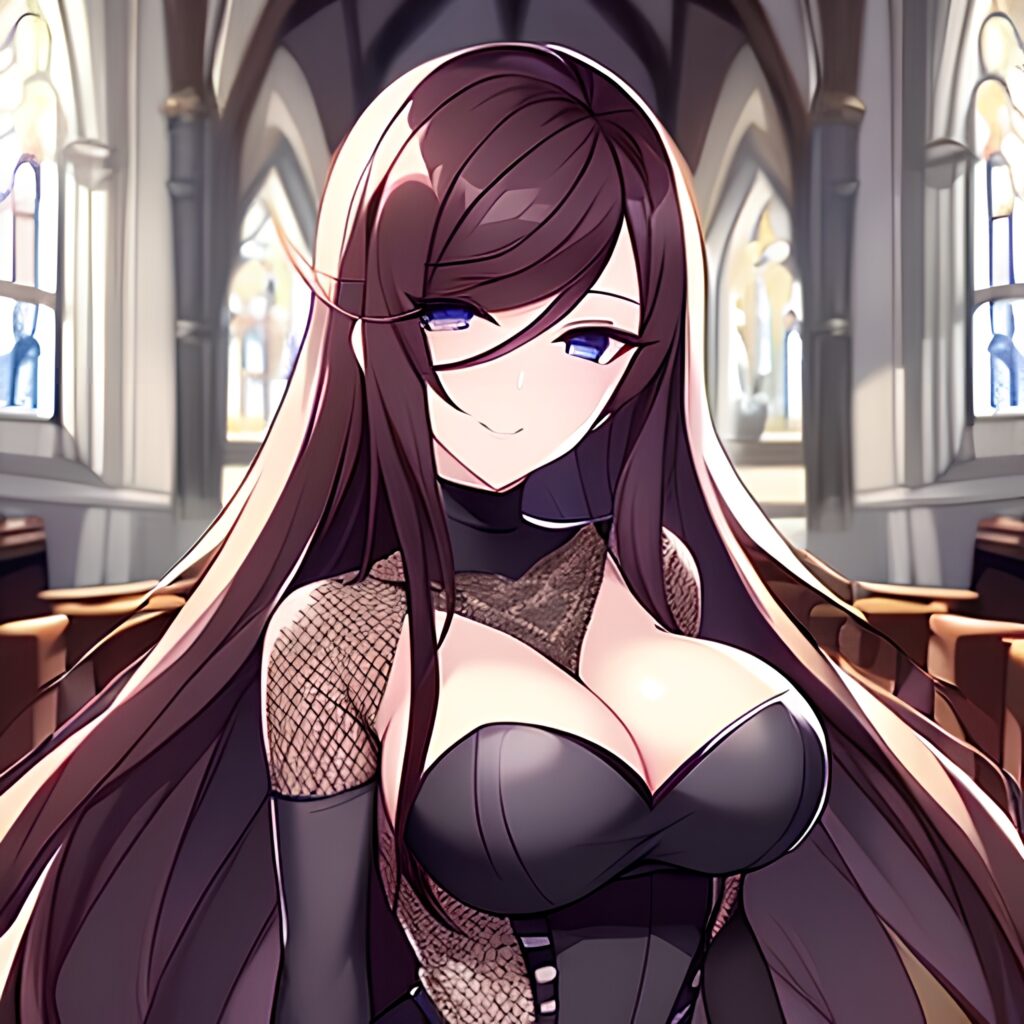 church brunette fishnet woman long hair messy hair 