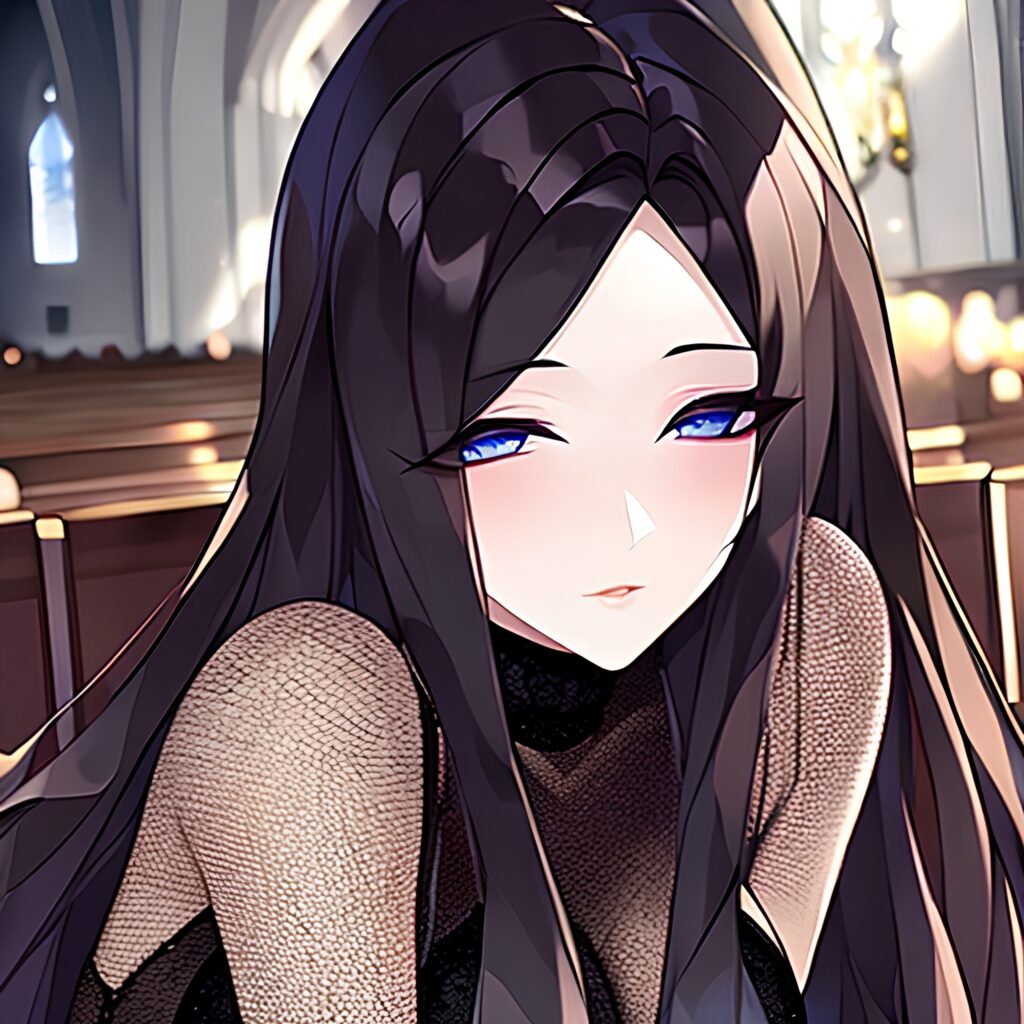 church brunette fishnet woman long hair messy hair 