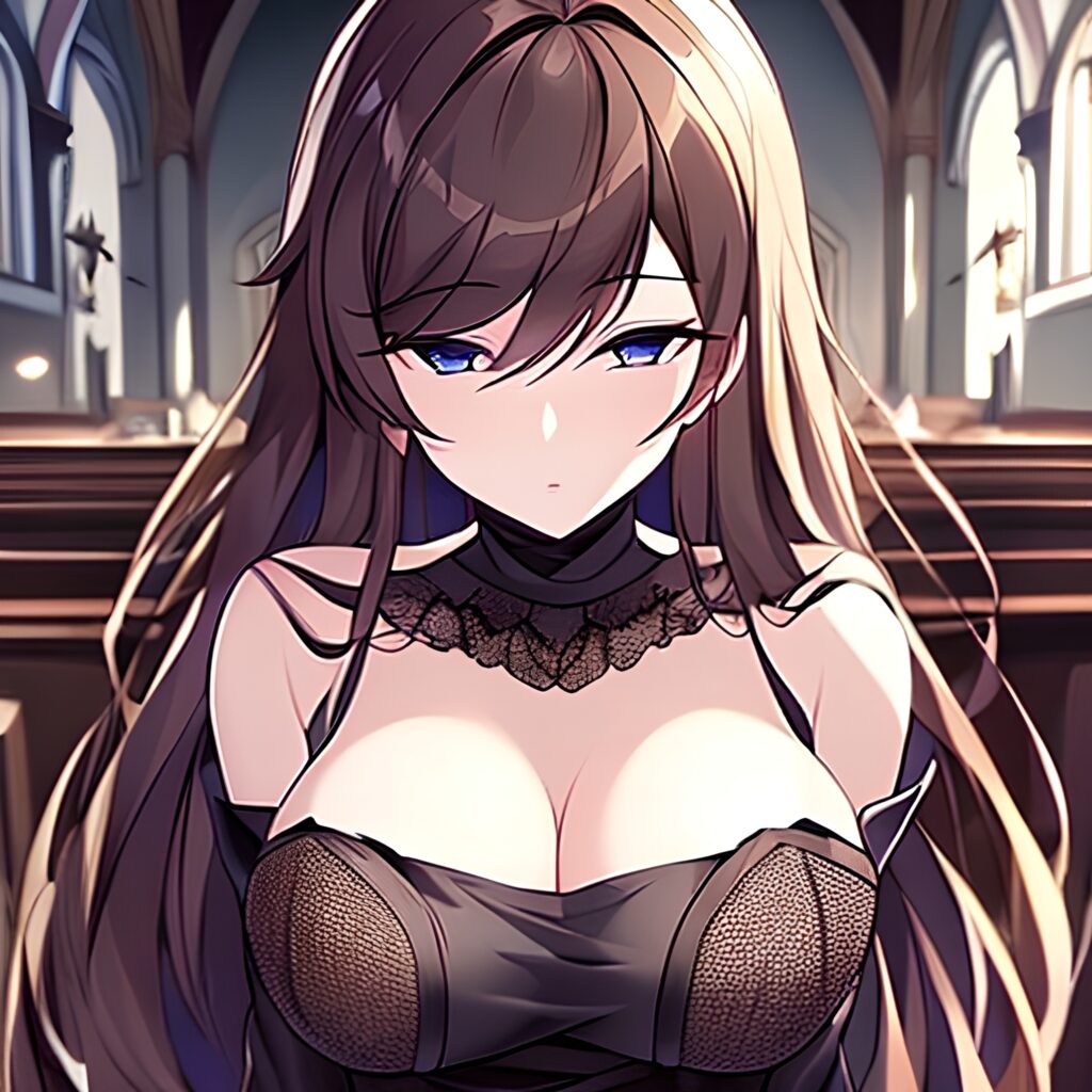 church brunette fishnet woman long hair messy hair 