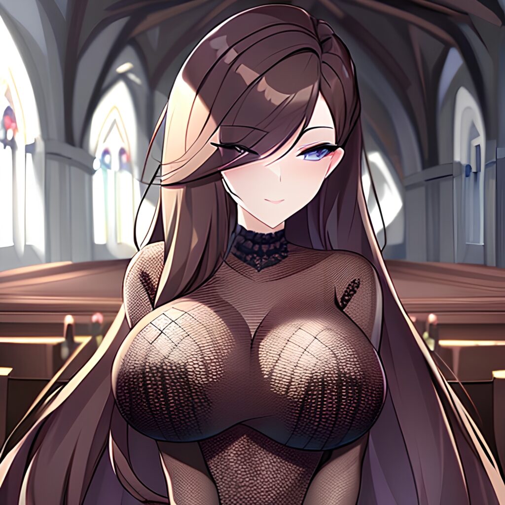 church brunette fishnet woman messy hair long hair 