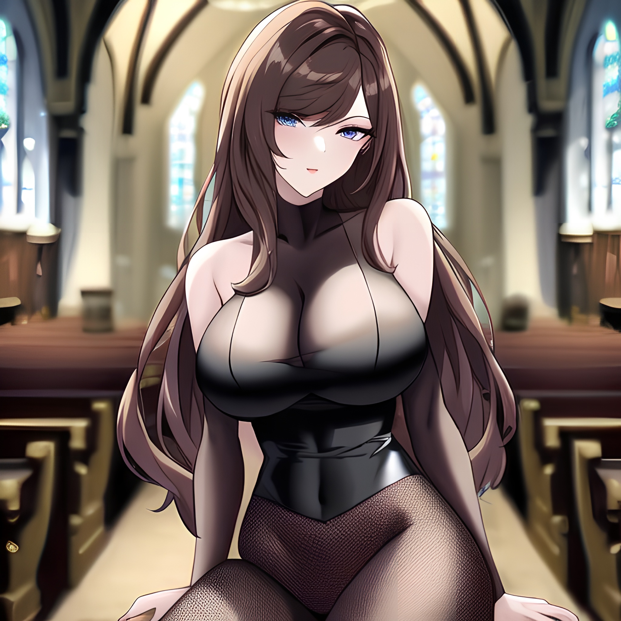 church brunette fishnet woman messy hair long hair 