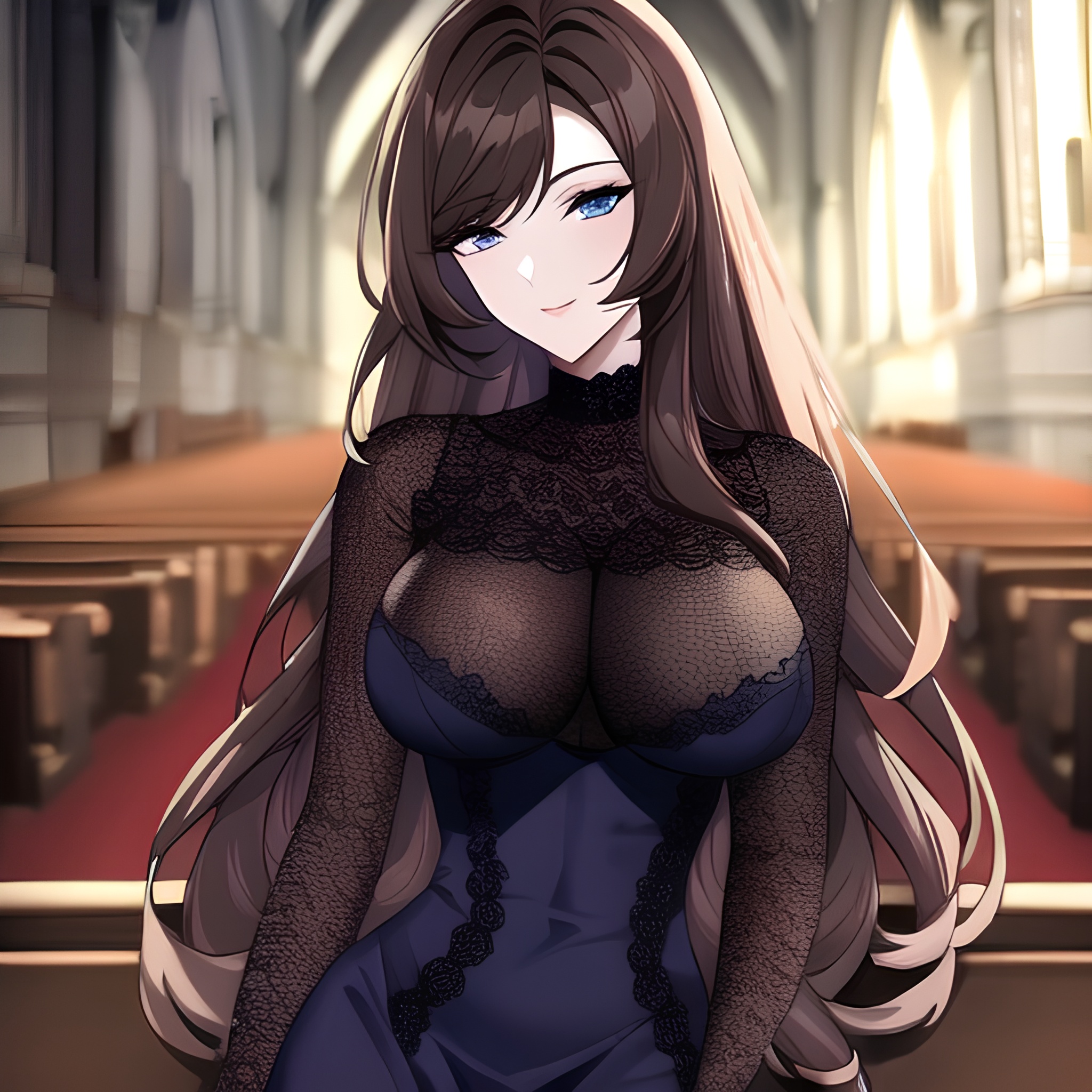 church brunette fishnet woman messy hair long hair 