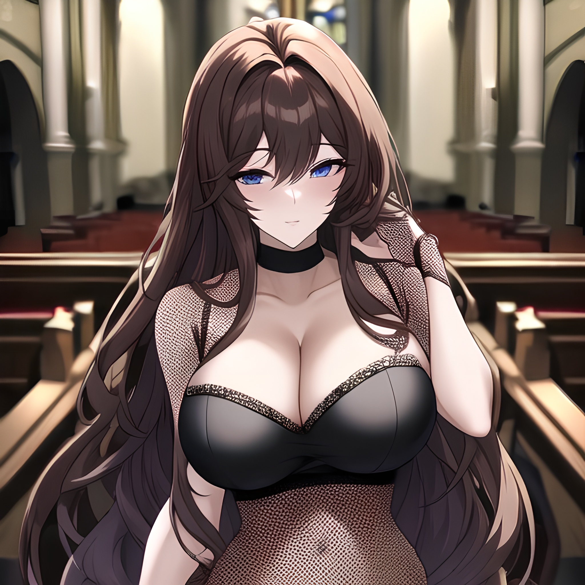church brunette fishnet woman messy hair long hair 