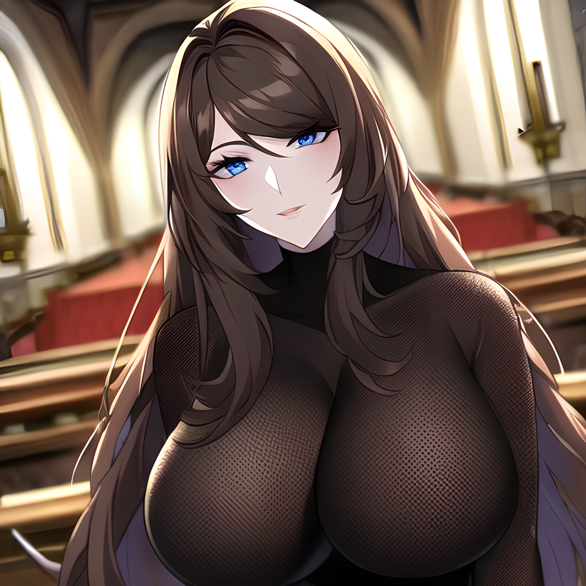 church brunette fishnet woman messy hair long hair 