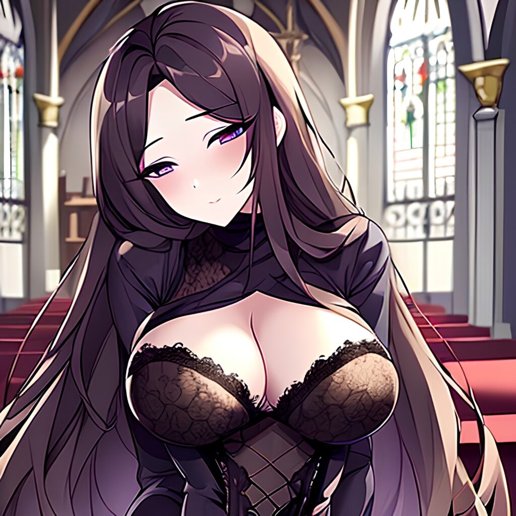 church brunette long hair fishnet woman messy hair 