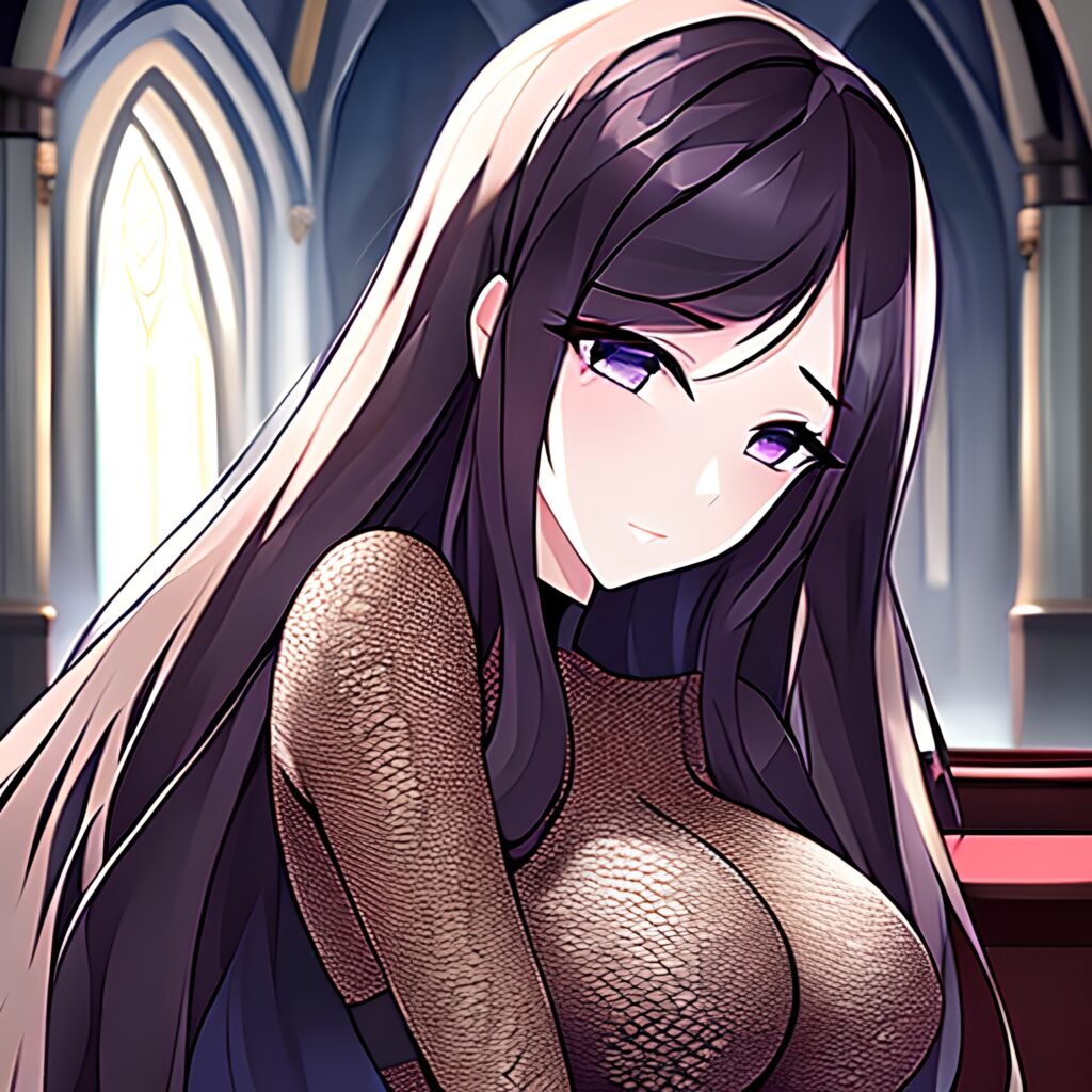 church brunette long hair fishnet woman messy hair 