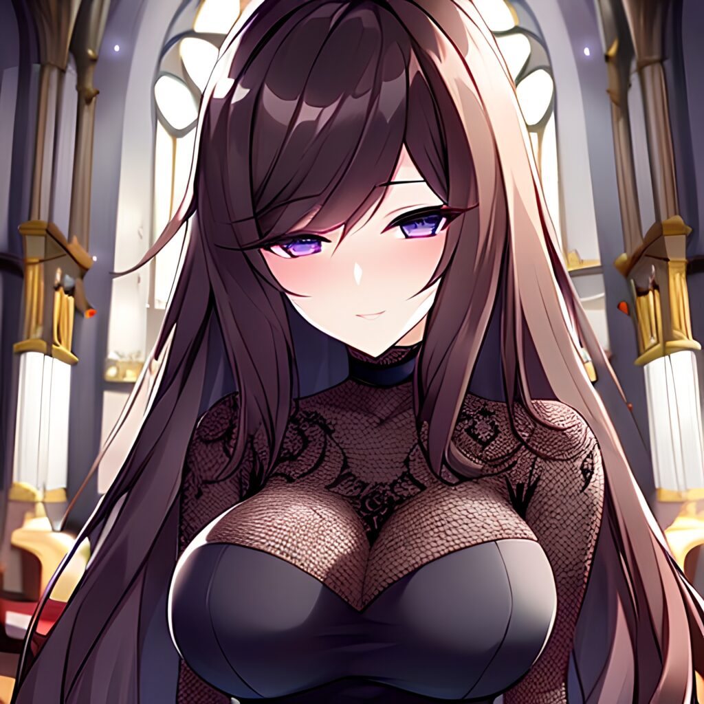 church brunette long hair fishnet woman messy hair