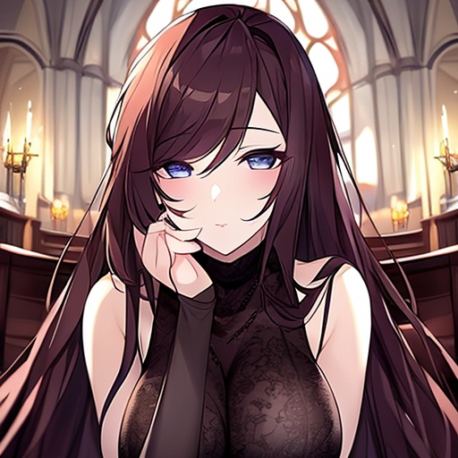 church brunette long hair fishnet woman messy hair 