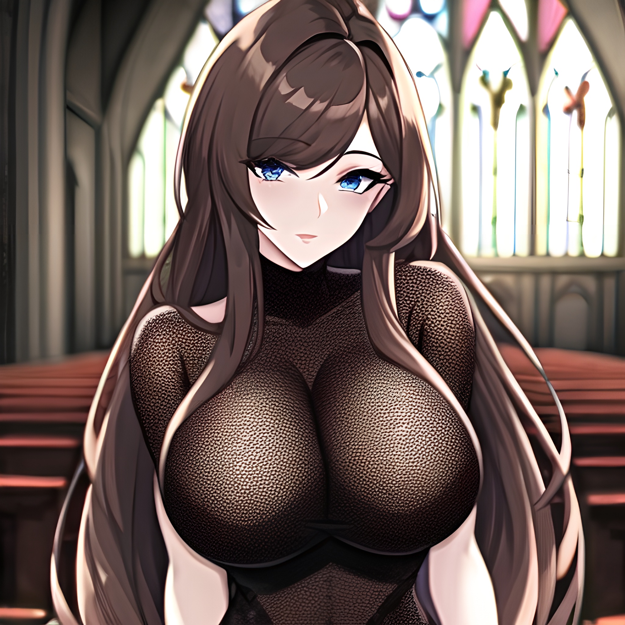church brunette long hair fishnet woman messy hair