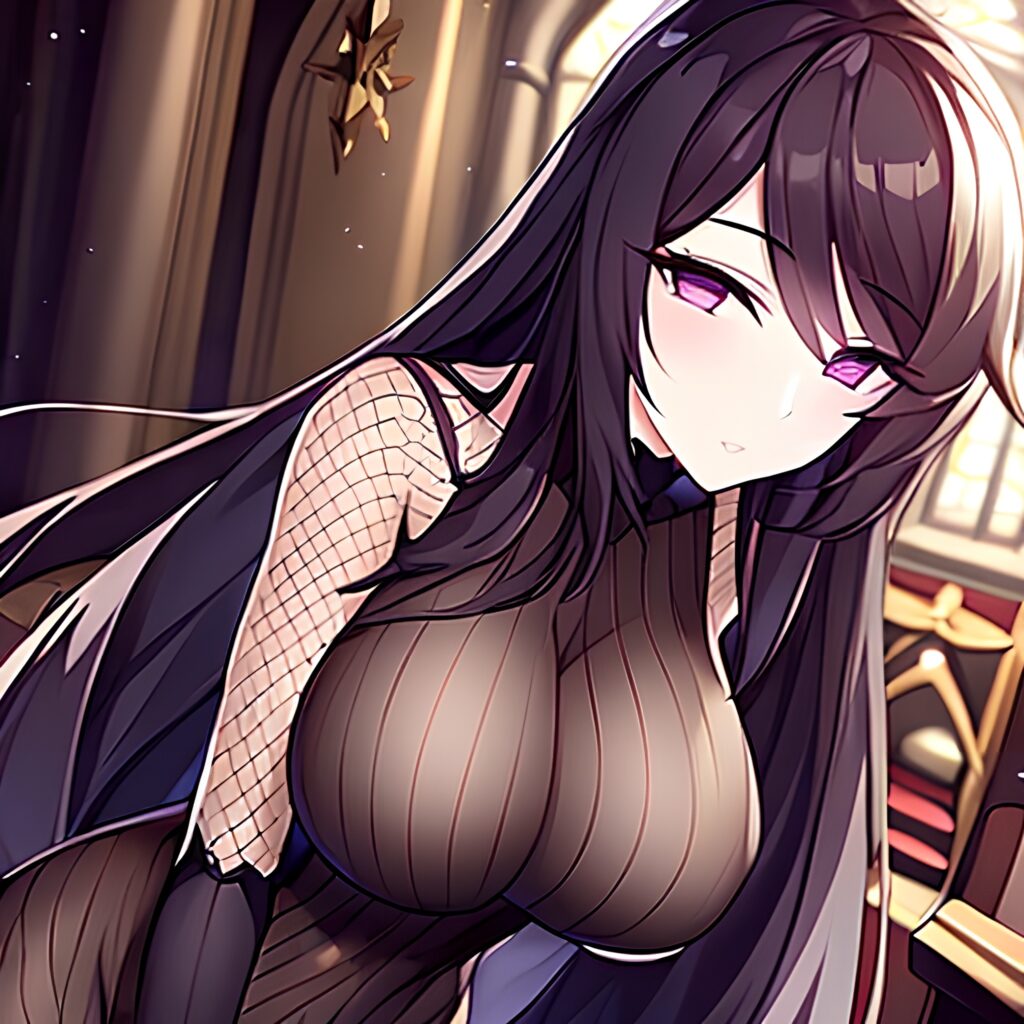 church brunette long hair messy hair fishnet woman 