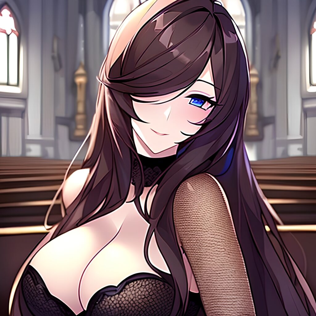 church brunette long hair messy hair fishnet woman 