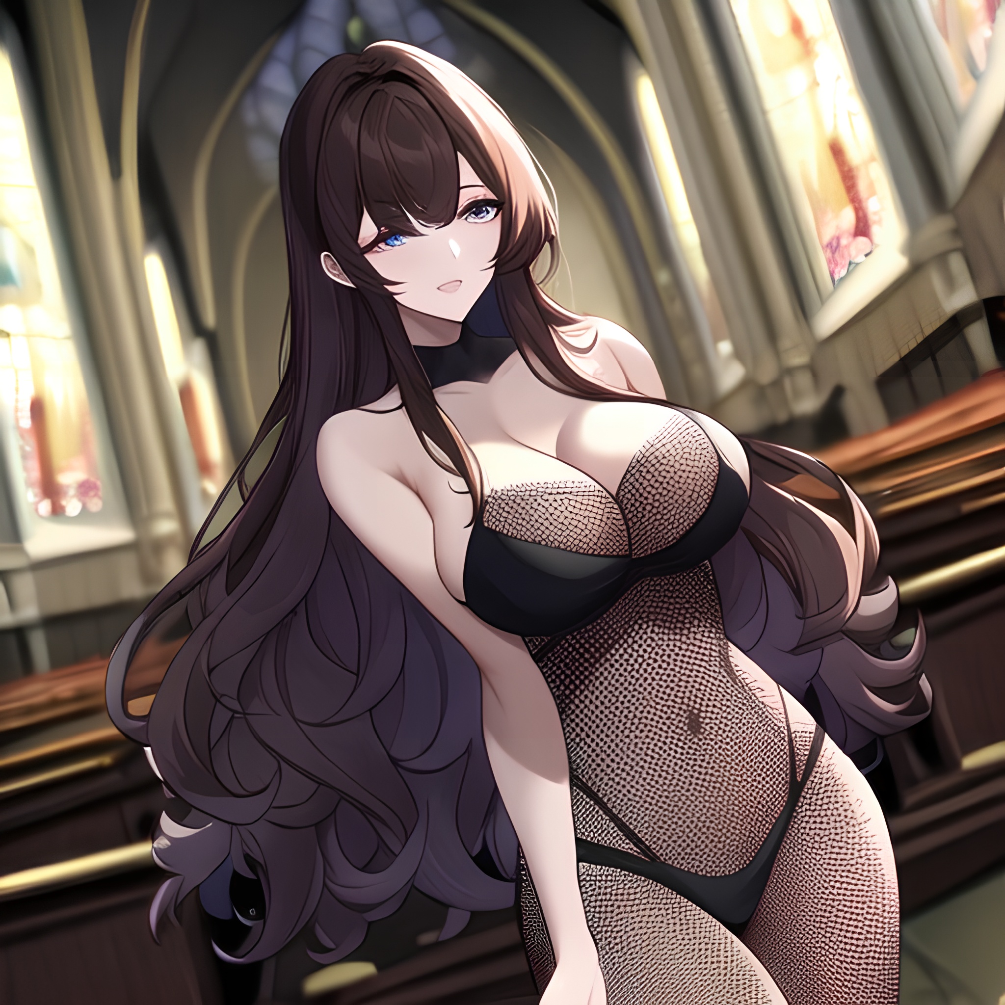 church brunette long hair messy hair fishnet woman 
