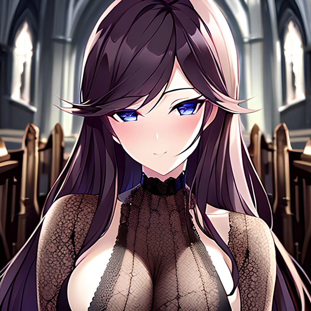 church brunette long hair messy hair fishnet woman 