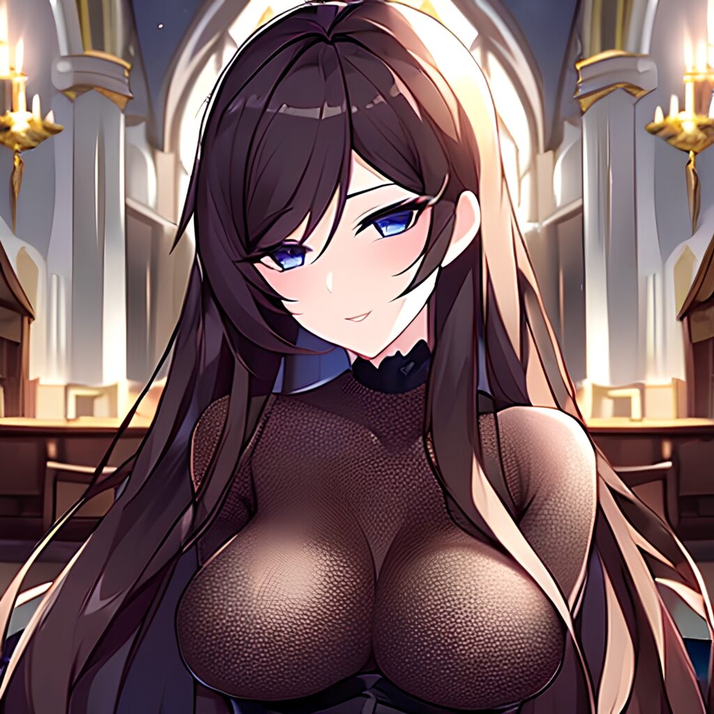 church brunette long hair messy hair woman fishnet