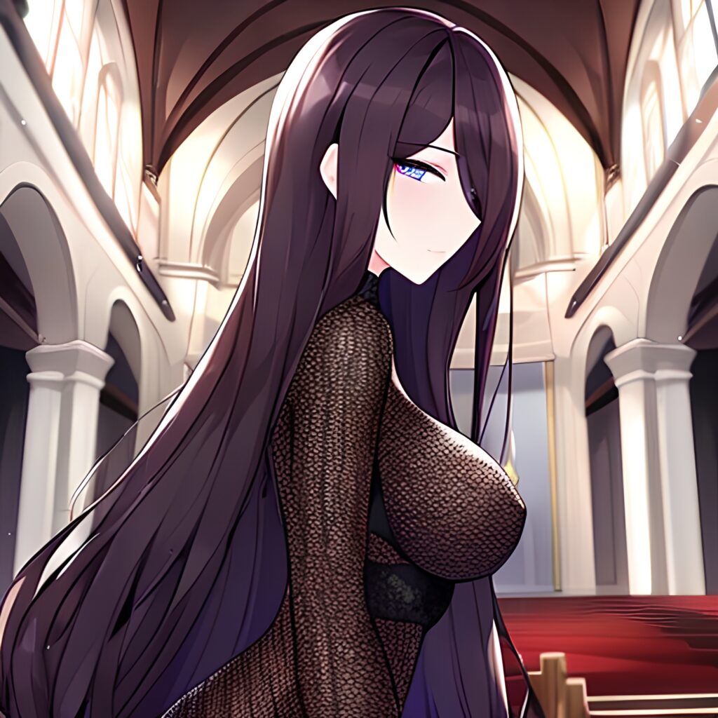 church brunette long hair messy hair woman fishnet 