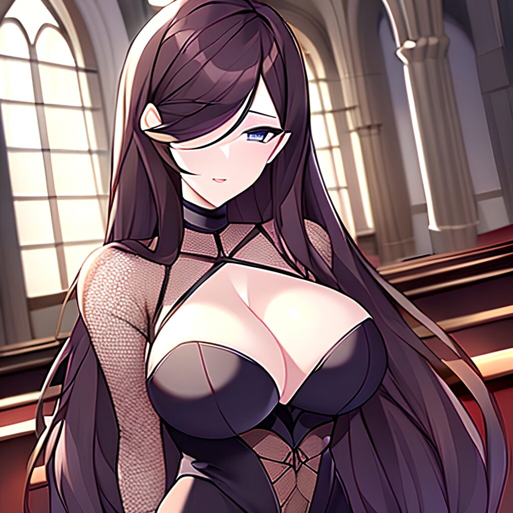 church brunette long hair messy hair woman fishnet 