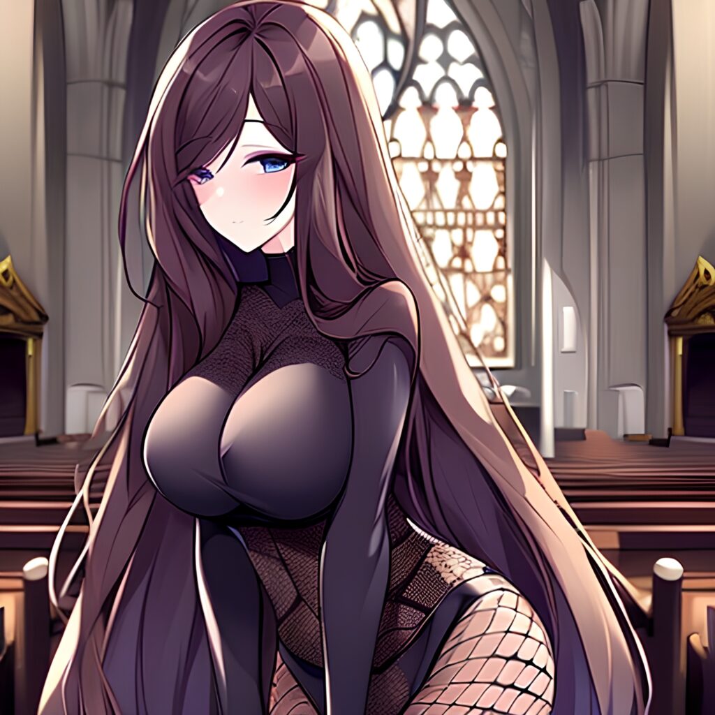church brunette long hair messy hair woman fishnet 